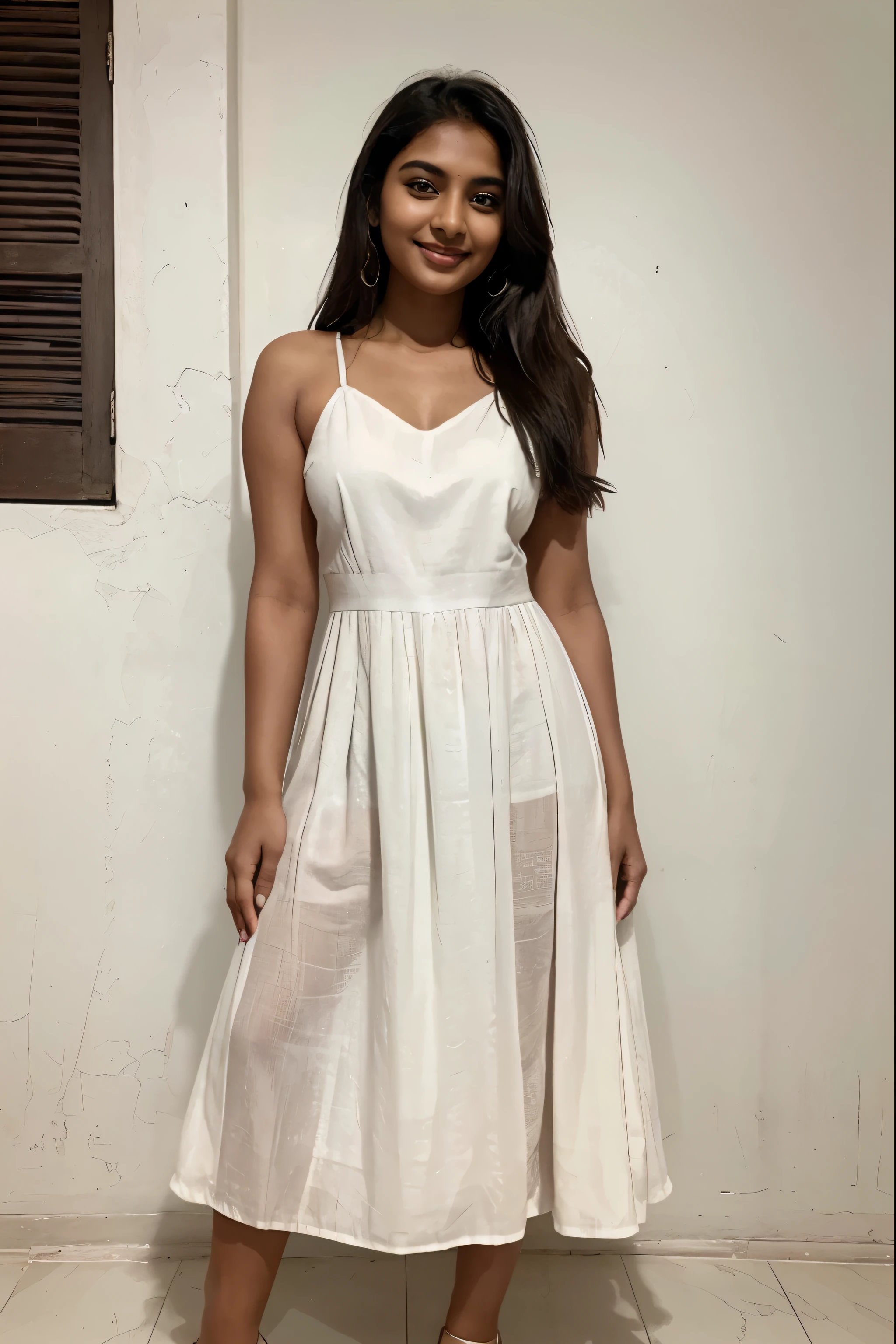 An Indian dusky girl, age of 24, photo for Instagram, wearing white coloured high low dress, looking divine and gorgeous, posing for the camera, full shot, Meera Nayak, smiling and behaving simple, extra brown, brown girl, dusky girl