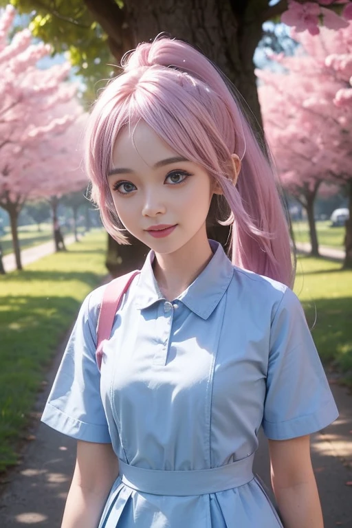 Best quality，tmasterpiece，Extremely Delicately Beautiful，The content is very detailed，CG，gatherings，8k wallpaper，An Astonishing，depth of fields，1 little Asian girl，cherry tree，tree lined path，7 year old child，Very cute look，Innocent，delicate skin，White hair，high ponytails，There are two strands of hair on both sides of the ears，And wearing pink hair accessories，light blue  eyes，laughing very happily，Wear a school uniform，white short sleeve，dark blue short dress