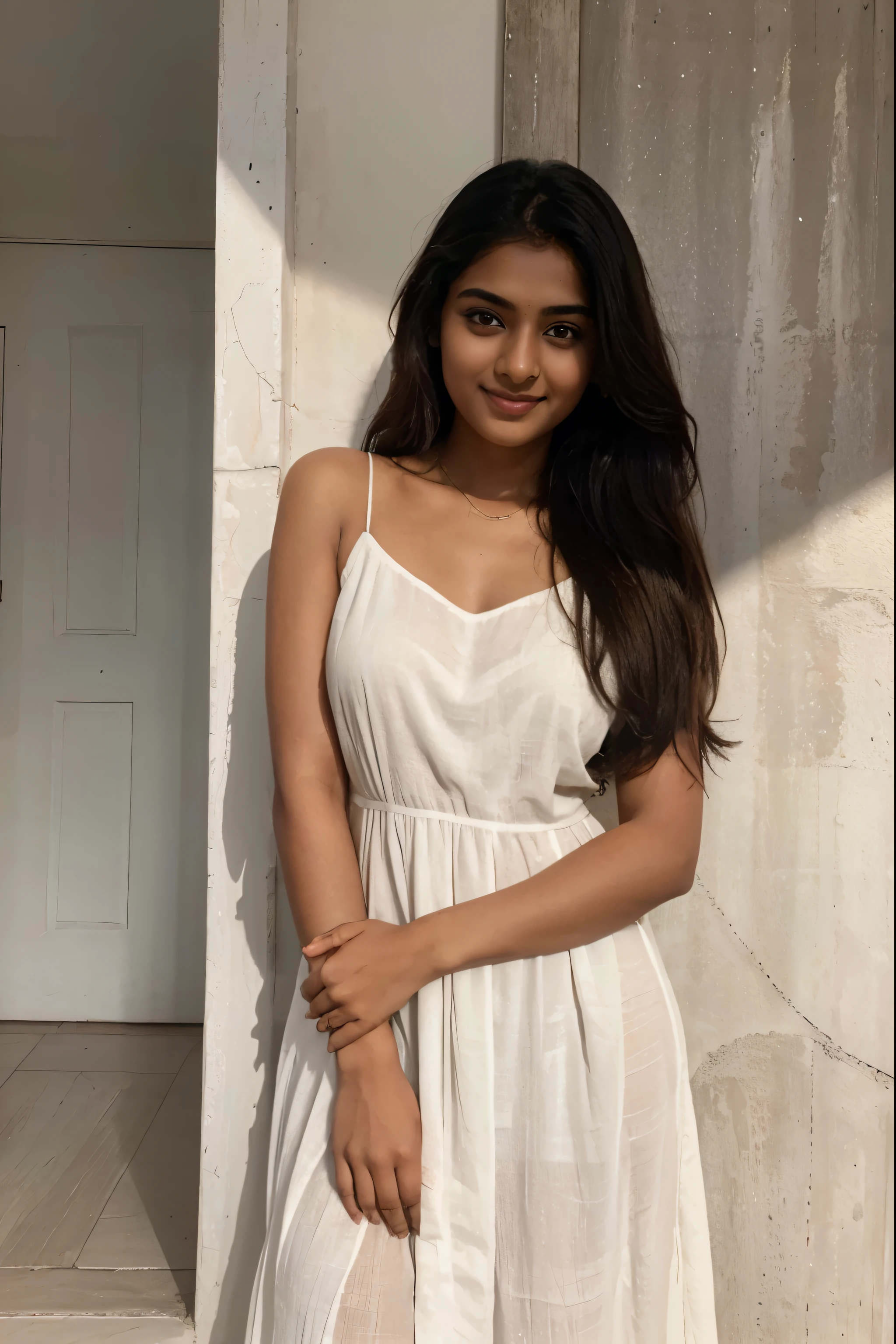 An Indian dusky girl, age of 24, photo for Instagram, wearing white coloured high low dress, looking divine and gorgeous, posing for the camera, full shot, Meera Nayak, smiling and behaving simple, extra brown, brown girl, dusky girl
