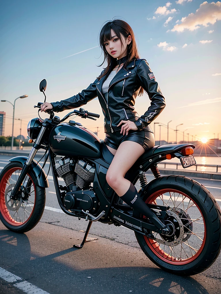 ((top-quality)), ((​masterpiece)), (high-detail:1.3), 。.。.。.。.。.3D, Beautiful fece (cyberpunked:1.3), Stylish woman wearing black leather clothes and looking at camera,On patrol,guns, Batons, Martial arts, Martial arts?,daytime or sunset sky or predawn dusk or dawn sunrise,サングラスとBeautiful fece目,Korean Beauty,A harsh look at evil,Near Future City,Small breasts, Small waste,Standing at street,Riding the latest big bike,Super large motorcycle with a total displacement of 1500cc or more,A bicycle several times the size of a person&#39;Body of,The motorcycle is a large Harley-Davidson,A large motorcycle several times the size of a human,