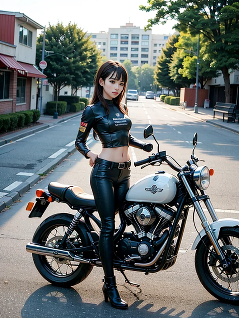 ((top-quality)), ((masterpiece)), (high-detail:1.3), 。.。.。.。.。.3D, Beautiful fece (cyberpunked:1.3), Stylish woman wearing black leather clothes and looking at camera,On patrol,guns, Batons, Martial arts, Martial arts?,daytime or sunset sky or predawn dusk or dawn sunrise,サングラスとBeautiful fece目,Korean Beauty,A harsh look at evil,Near Future City,Small breasts, Small waste,Standing at street,Riding the latest big bike,Super large motorcycle with a total displacement of 1500cc or more,A bicycle several times the size of a person'Body of,The motorcycle is a large Harley-Davidson,A large motorcycle several times the size of a human,
