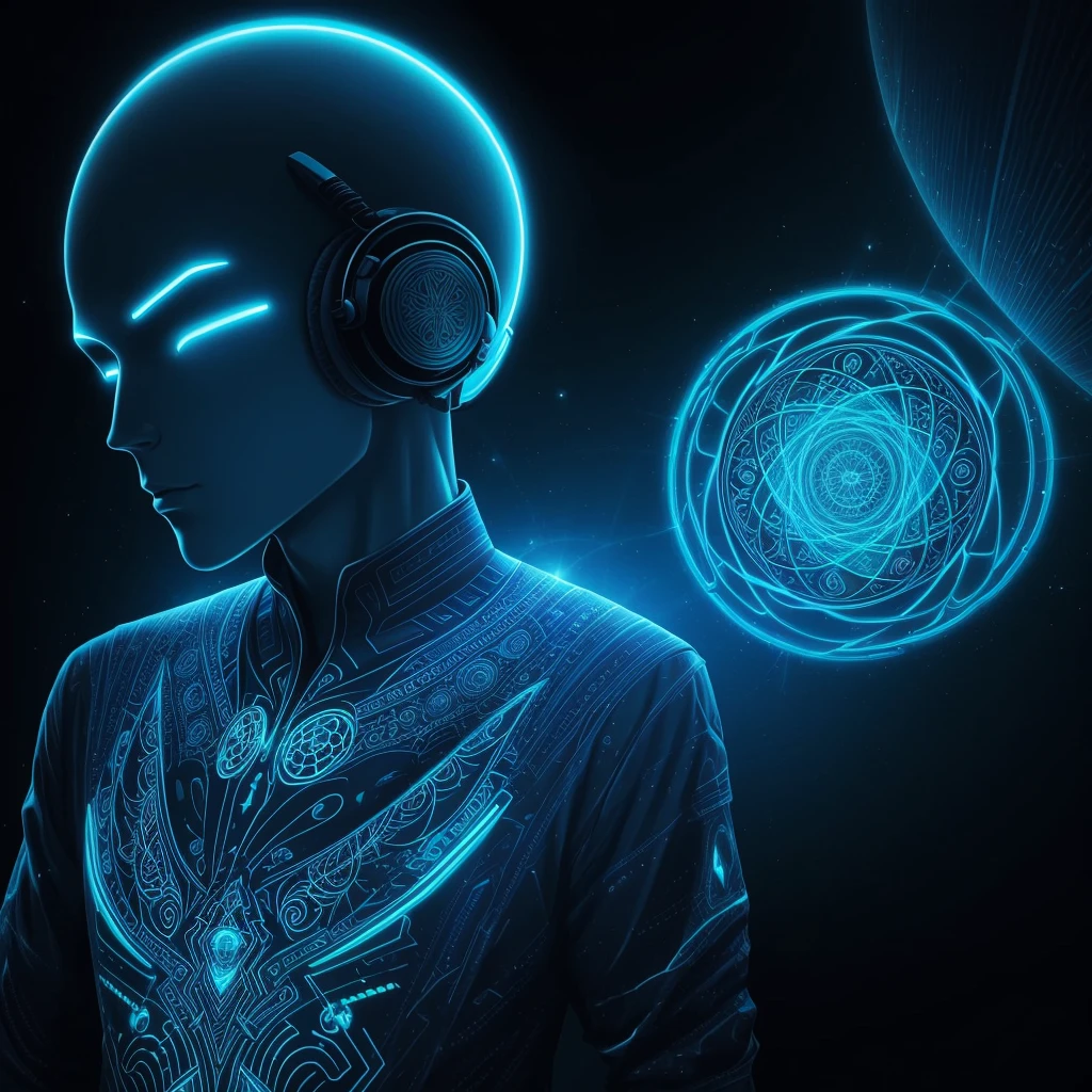 "Please create an image of a cartoon-style alien scientist wearing futuristic headphones standing in front of a blue background. The image should be digital art inspired by Andrei Kolkoutine, Tumblr, psychedelic art and sacred geometry. The alien scientist is in the spiritual dimension, where the form is psychedelic and composed of sacred geometry. He is a portal of energy. Please take into consideration art references from Dan Mumford and Alex Grey, as well as elements of DMT entities, alien music, and LSD art."