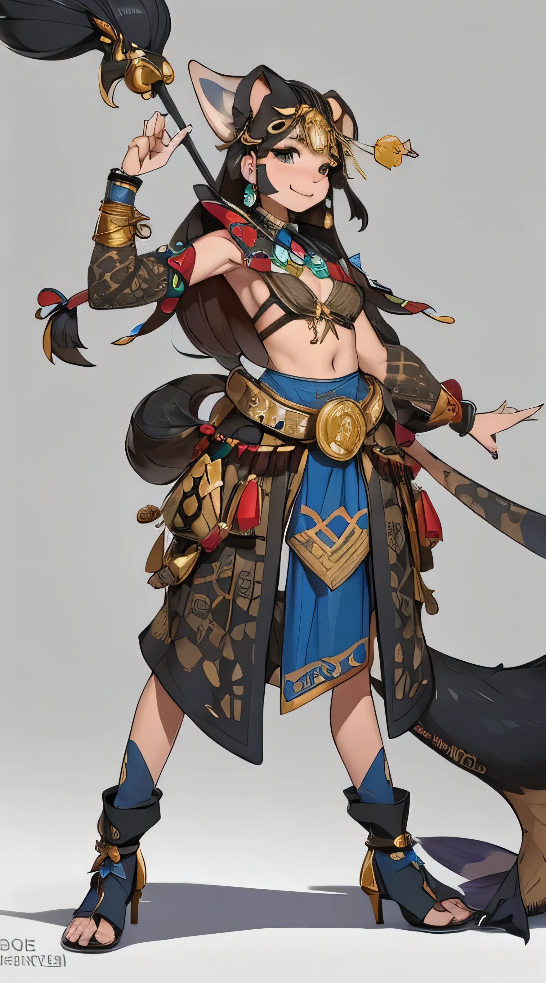 （Best quality at best），4K，noble shrew，from a foreign race，Wearing exotic tribal clothes，keep hair short，The stands up，long leges，The expression is very charming