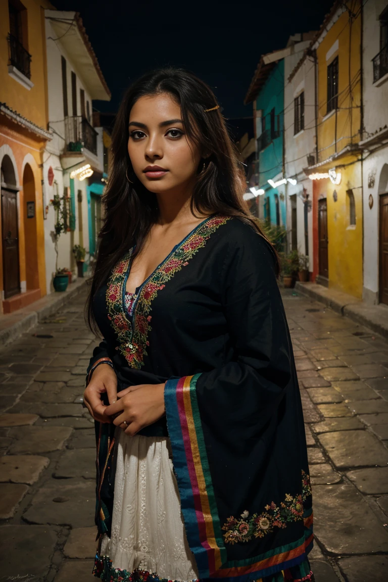 una mujer mexicana impresionante, su personalidad recuerda el encanto atemporal de la tradicion mexicana. Sus ojos, lleno de historias, los ojos son de un tono claro de verde, exuding wisdom with a touch of mischief. Sus labios, rico y rojo, reflejar la vitalidad de la cultura  mexicana. Su cabello, Tan oscuro y fluido como el cielo nocturno mexicano ,enmarca su rostro. Vestida con un traje tradicional mexicano., The vibrant colors seem to reflect the very spirit of Mexico.. The surrounding environment displays a mix of street scenes symbolic of flowers.., Edificios coloridos, y el cielo azul celestial