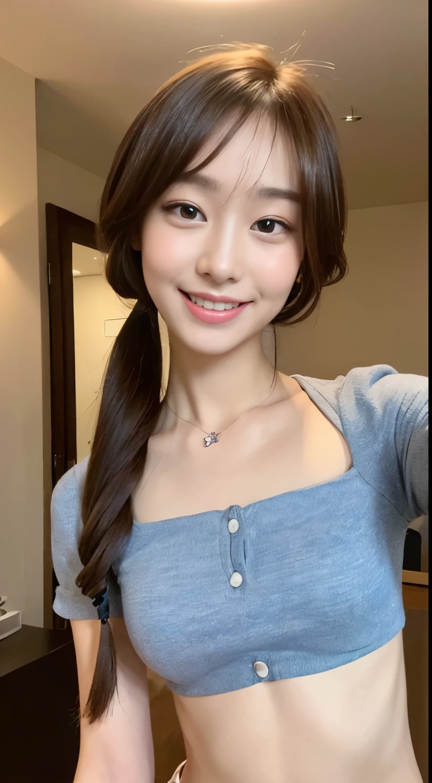 ((top-quality、8K、​masterpiece:1.3))、1girl in、Slim Abs Beauty:1.3、(Hairstyle Casual、:1.2)、doress:1.1、Super fine face、Delicat eyes、二重まぶた、a smile、home