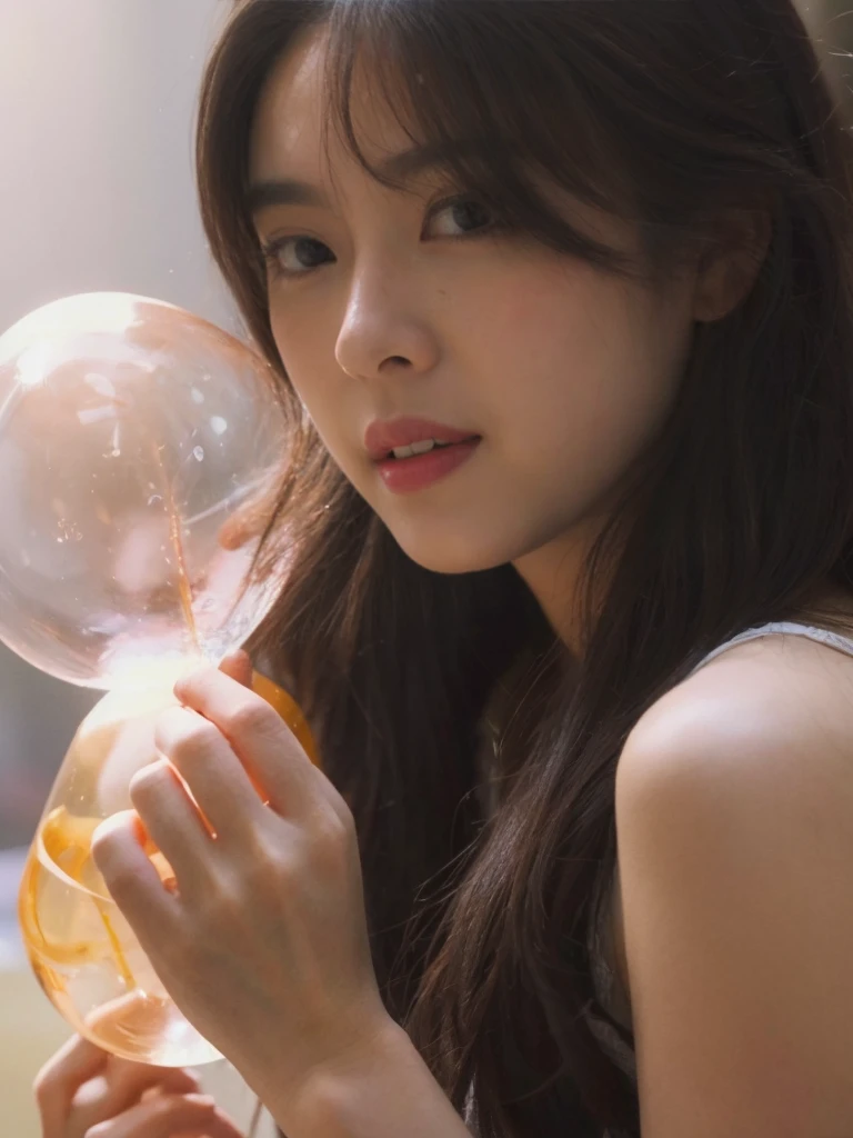 (On a table, Best quality at best, realistically, ultra - detailed, meticuloso, A high resolution, 8k wallpaper), Close-up portrait of a beautiful woman, Chariada, Smiling, light brown messy hair, Perfect dynamic composition, 美丽meticuloso的眼睛, Just like the cover of a fashion magazine, On campus