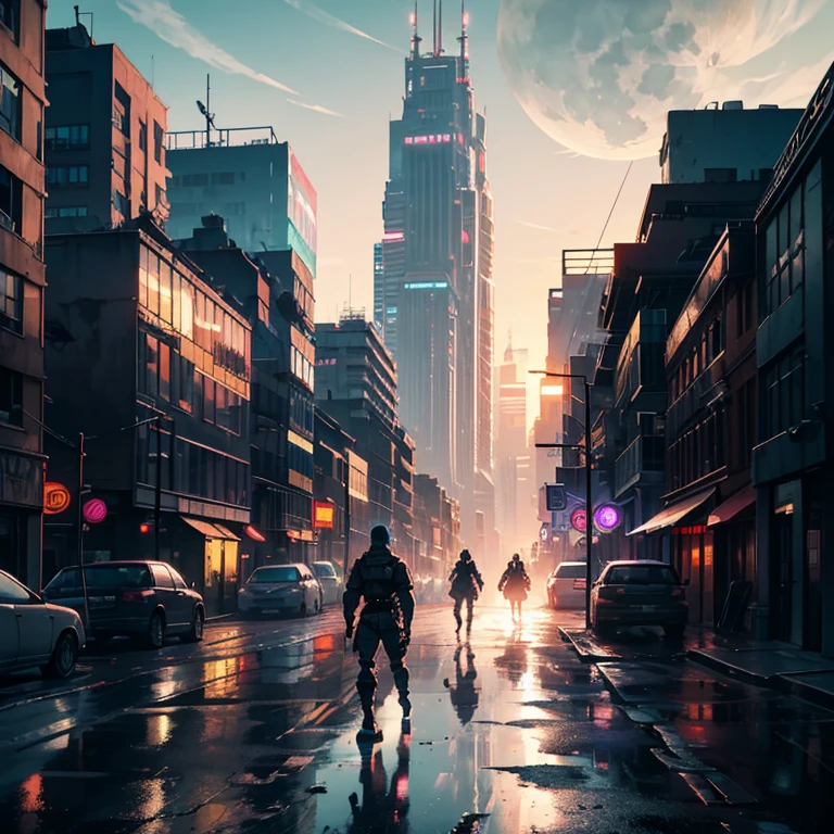best quality, 4k, post apocalyptic city, muted colors, ruined buildings, at sunset, two wolves walking in the distance, the moon visible in the sky, neon light reflections, futuristic city, Man standing in the middle of the street, athletic body, wearing tactical clothing, blue glowing eyes, blonde hair