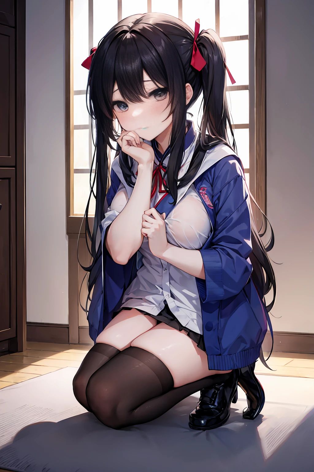 可愛い女子高校生がベットの上で全裸でMasturbationしながら誘惑してくる、Masturbation、Beautiful、Long black hair、poneyTail、all-fours、Kneeling、opening legs