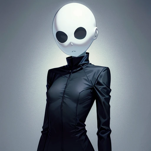 Slenderwoman, genderbent Slenderman, no face, no eyes, no ears, no nose, no mouth, bald, no hair, pale, skinny, small boobs, small butt