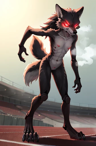 girl, wolf, anthro, slender, steam rising off body, furry arms, (angry expression), small breasts, ((Protruding hip bone)), robotic digitigrade legs and feet, red glowing eyes, furry tail, ((protruding rib bones)), track and field