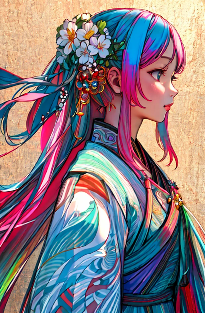 (best quality,highres,masterpiece:1.2),(realistic:1.37),ultra-detailed,colorful vibrant anime girl,beautiful detailed eyes,beautiful detailed lips,flowing vibrant colored hair,anime-style vivid expressions,stylish clothing and accessories,playful pose,engaging background,serene garden scene,natural sunlight and gentle breeze,soft pastel color palette,subtle lens flare,anime illustration style,lively and energetic atmosphere