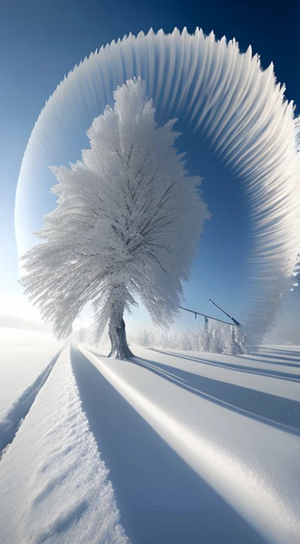 Feide tree in the blue sky and snow, surreal frozen landscape, breath-taking beautiful trees, breath-taking beautiful trees, marc adamus, fantasia de cena de inverno, inspired by Igor Kieryluk, Inspired by Gediminas Pranckevicius, extremely beautiful and ethereal, weather photography, winter atmosphere