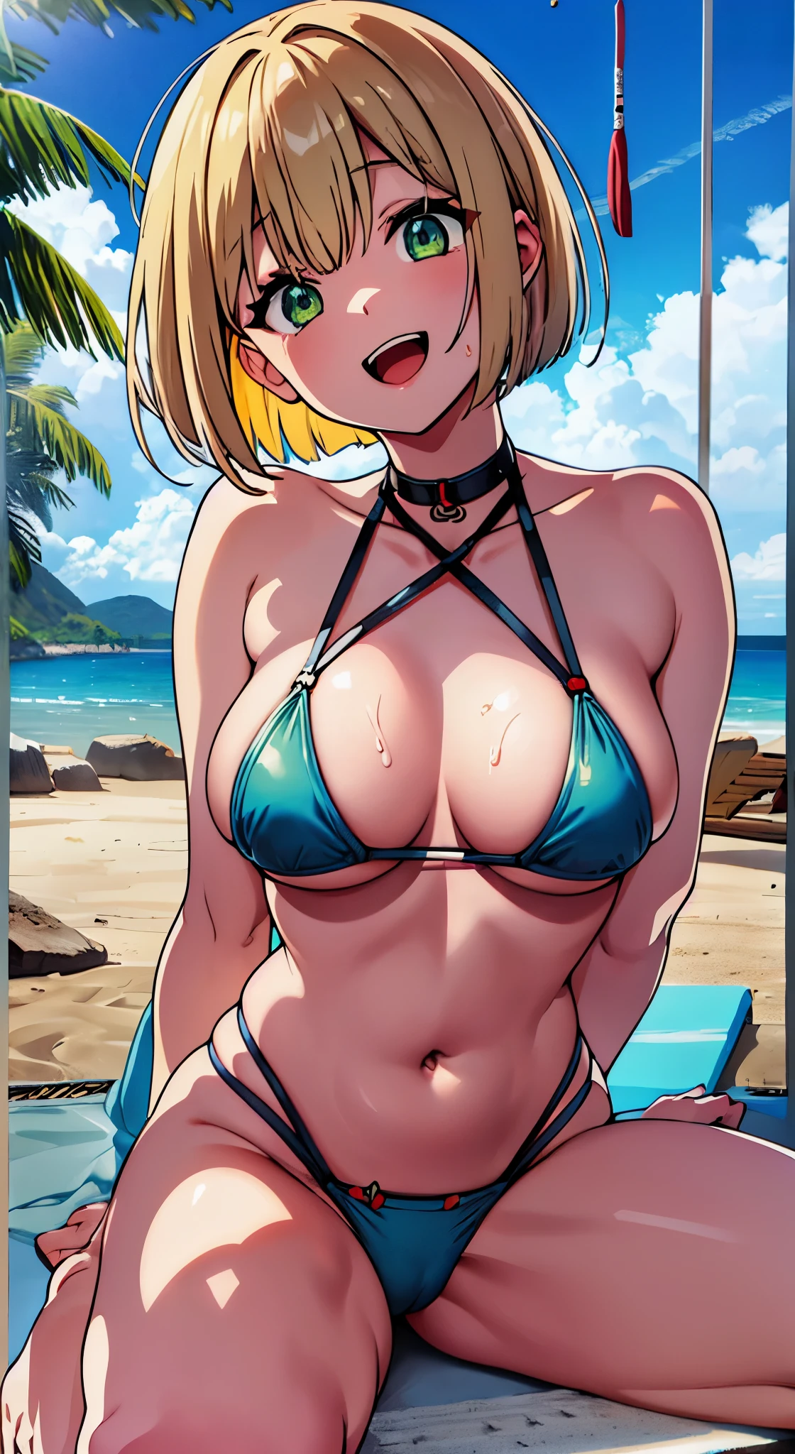 hiquality、16 K、(NSFW)、((Normal breasts))、thick thighs、(Green eyes,a blond、Short hair, bob cut hair),(bauth hanDs behinD heaD),(Sweat)、tits tits desperate、((:D))、((nipple bulge))、((Light blue stripe bikini))、the beach、Dynamic angle of boobs boobs bare chest、eye glasses、spreading legs、(chibi)