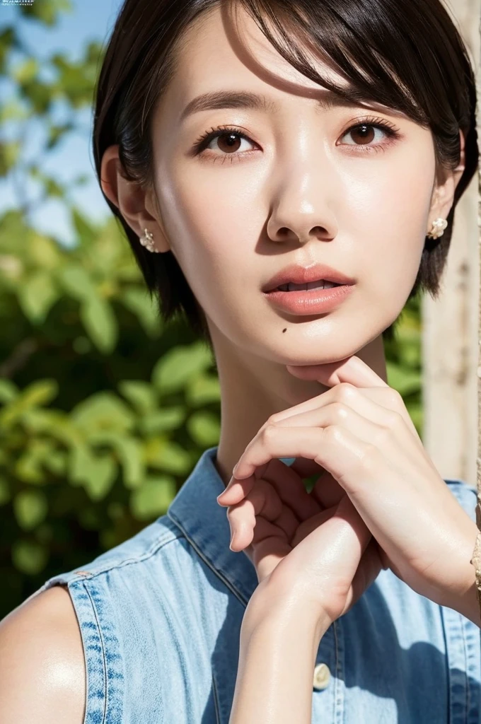 Short hair,Black hair,Brown eyes,Blurry,Lips,plant,Realistic,Shirt,mole under mouth,Brown hair,Sexy Pose,Best Quality,masutepiece,Illustration,extremely delicate and beautiful,nffsw,Unity,8K Wallpaper,amazing,finely detail,masutepiece,Official art,Extremely detailed nffsw Unity 8K Wallpaper,unbelievable Ridiculous,huge filesize,Ultra-detailed,hight resolution,Extremely detailed,Beautiful detailed girl,Realistic,full frontal,Outdoors,Light contrast,Blurry background,