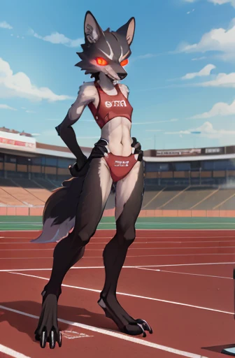 girl, wolf, anthro, slender, steam rising off body, furry arms, (angry expression), small breasts, ((Protruding hip bone)), robotic digitigrade legs and feet, red glowing eyes, furry tail, ((protruding rib bones)), track and field, track outfit