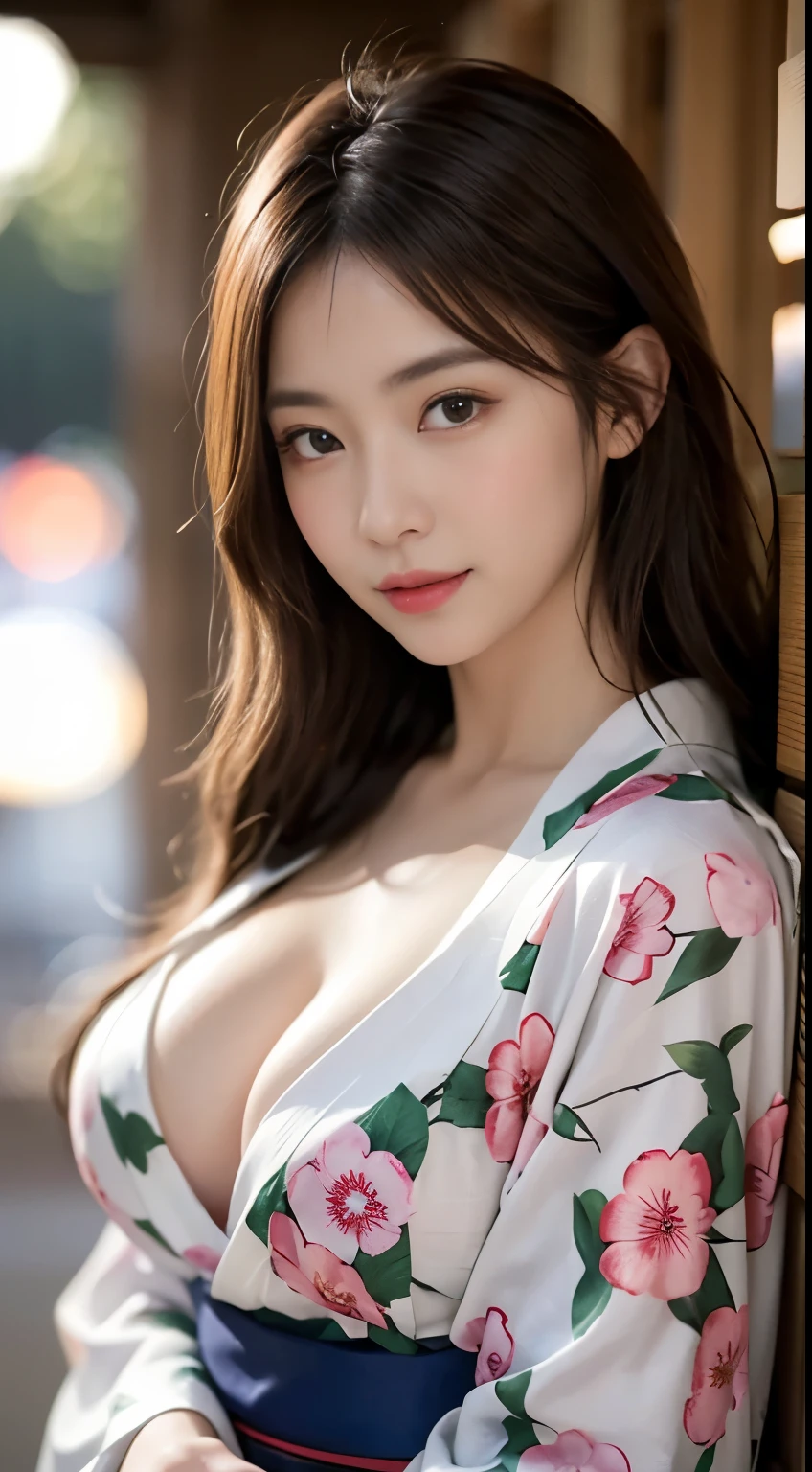 (8K、Unripegraphy、top-quality、masterpiece:1.45)、(realisitic、Photorealsitic:1.35)、(((Fireworks Venue、natta)))、one girls、cute little、Seductive smile:1.2、(((Yukata、Kimono、wearing fusion Kimono and Yukata)))、profetional lighting、Richly detailed facial features)、二重まぶた、Colossal tits、Valley、(cleavage on the chest:1.3)、a closed mouth、no-bra、hyperdetailed face、ultra-detailed hair、perfect bodies、Perfect fingers、a 20 yo woman、cute little、goddess of Japan、A sexy、gravure、Unripe