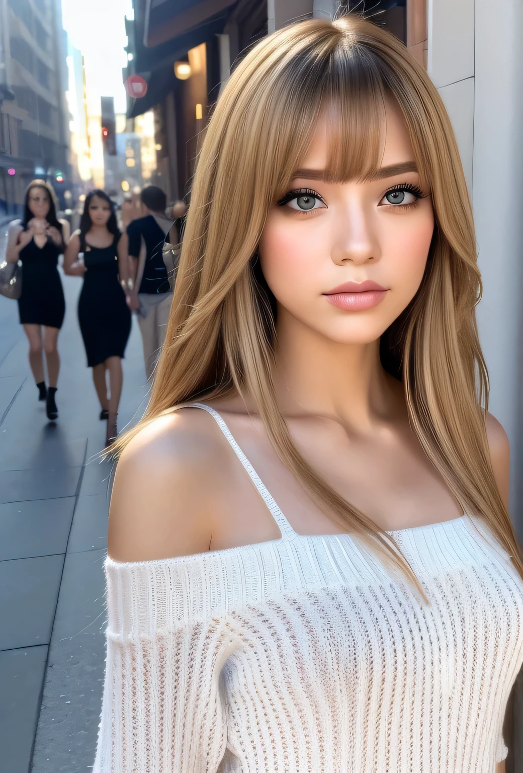 ((Best quality, 8k, Masterpiece, Sharp focus, 35mm lens, f/0.8, amazing beautiful perfect figure :1.4)), side lighting, ((natural medium breasts )), (white shoulder knit sweater:1.2), (street background:1.2), Highly detailed face and skin texture:1.2, Detailed black eyes:1.2, super detailed skin, shiny skin:1.2, Blushing , beautiful detailed makeup:1.2, high-fidelity bangs, brilliant light blonde long random hairstyle, from below, looking at viewer