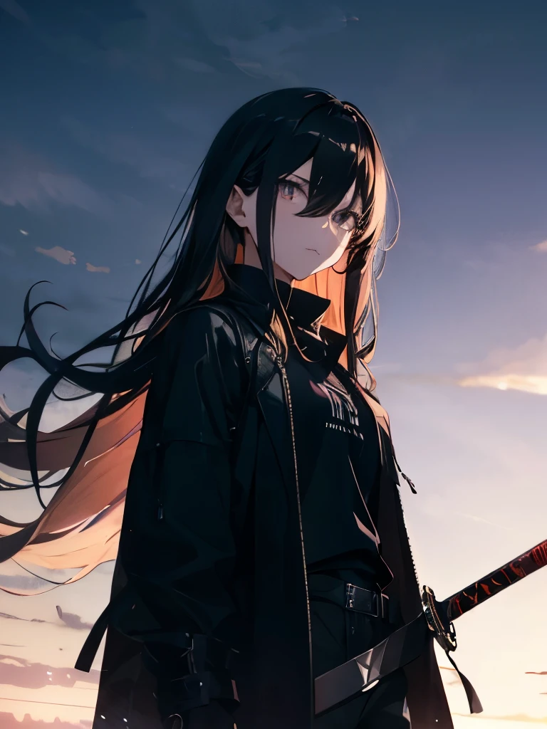 ember、独奏、a cool、youthfulness、sword holding、A dark-haired、The long-haired、Black clothe、Viola、glares、ace length、Cool、emberらしい、Dark look