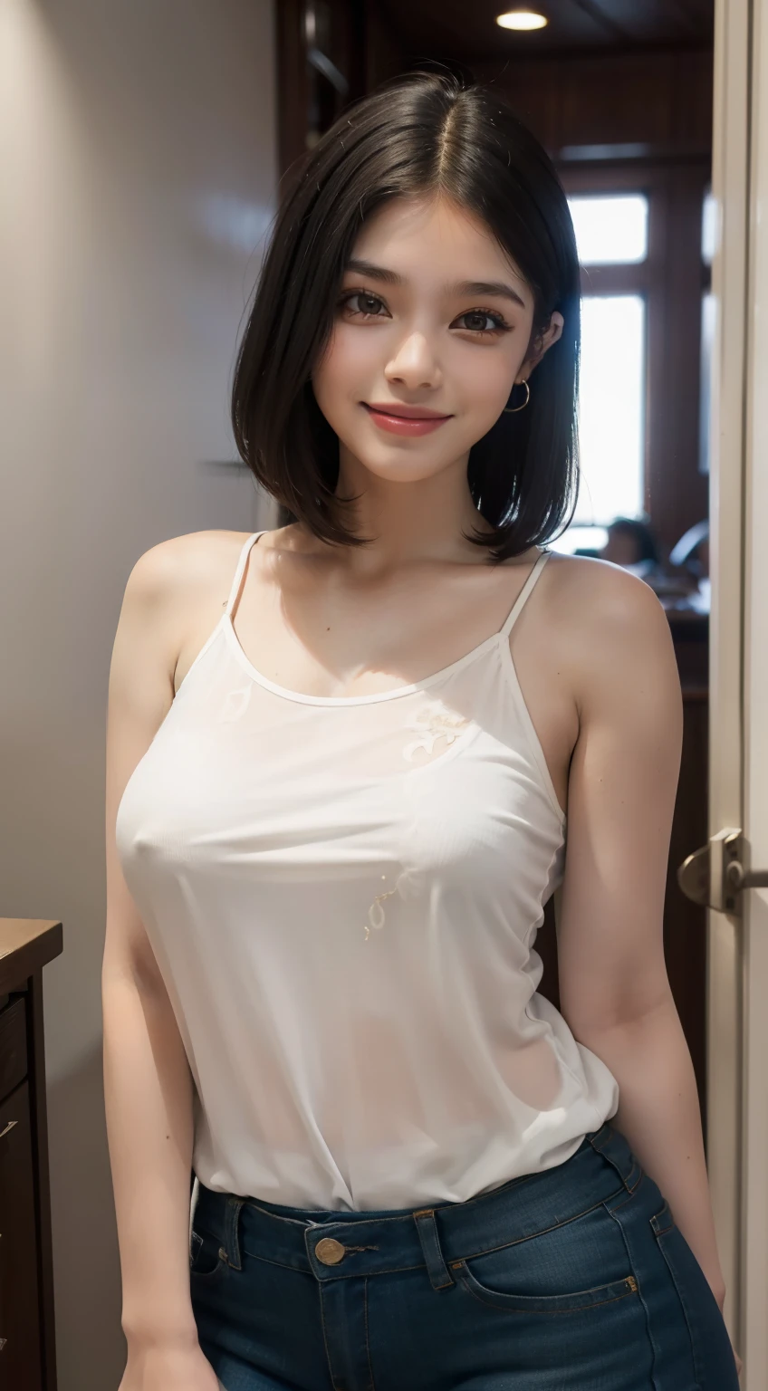 Woman((20 anos)), Hair((reto, louro)), olho)), Clothes((camisas brancas, saia marrom)), peitos gigantescos, mama grande, sorridente, s office, sentado na mesa, mostrando peito, see through Clothes,