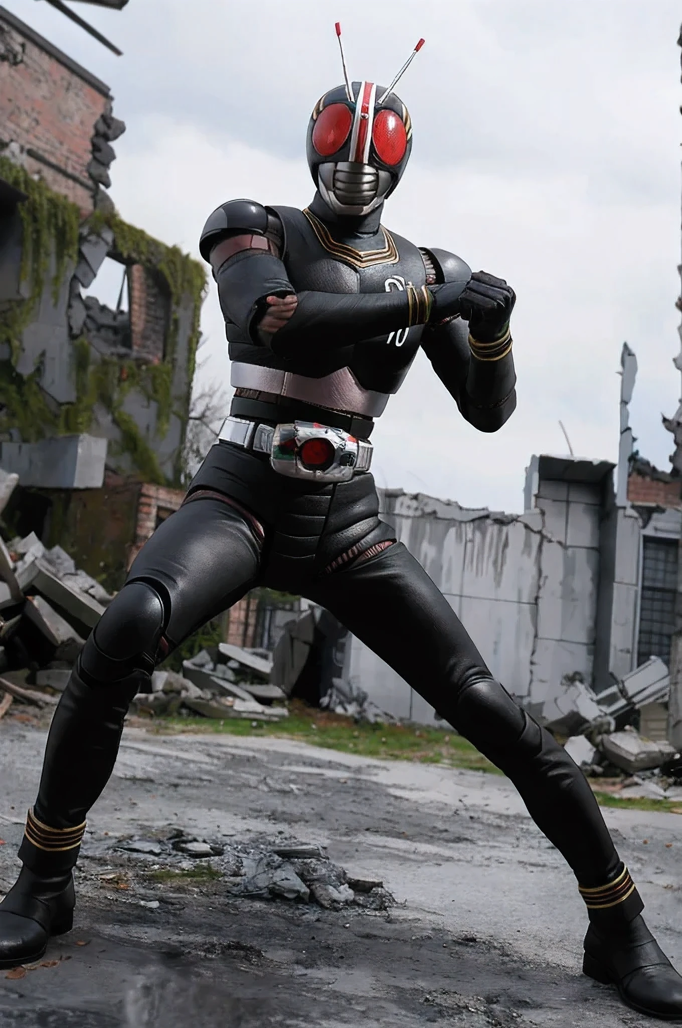Kamen Rider_Black, One Man, Belt bag, armor, helmets, 2 antennas, tokusatsu, Realistic, rider Belt bag, masutepiece, of the highest quality, Beautiful, ((Ruins)), ((battle posture)), looking in camera, Full body image, ((conversion laying)), Cinematic lighting, background slightly blurred,