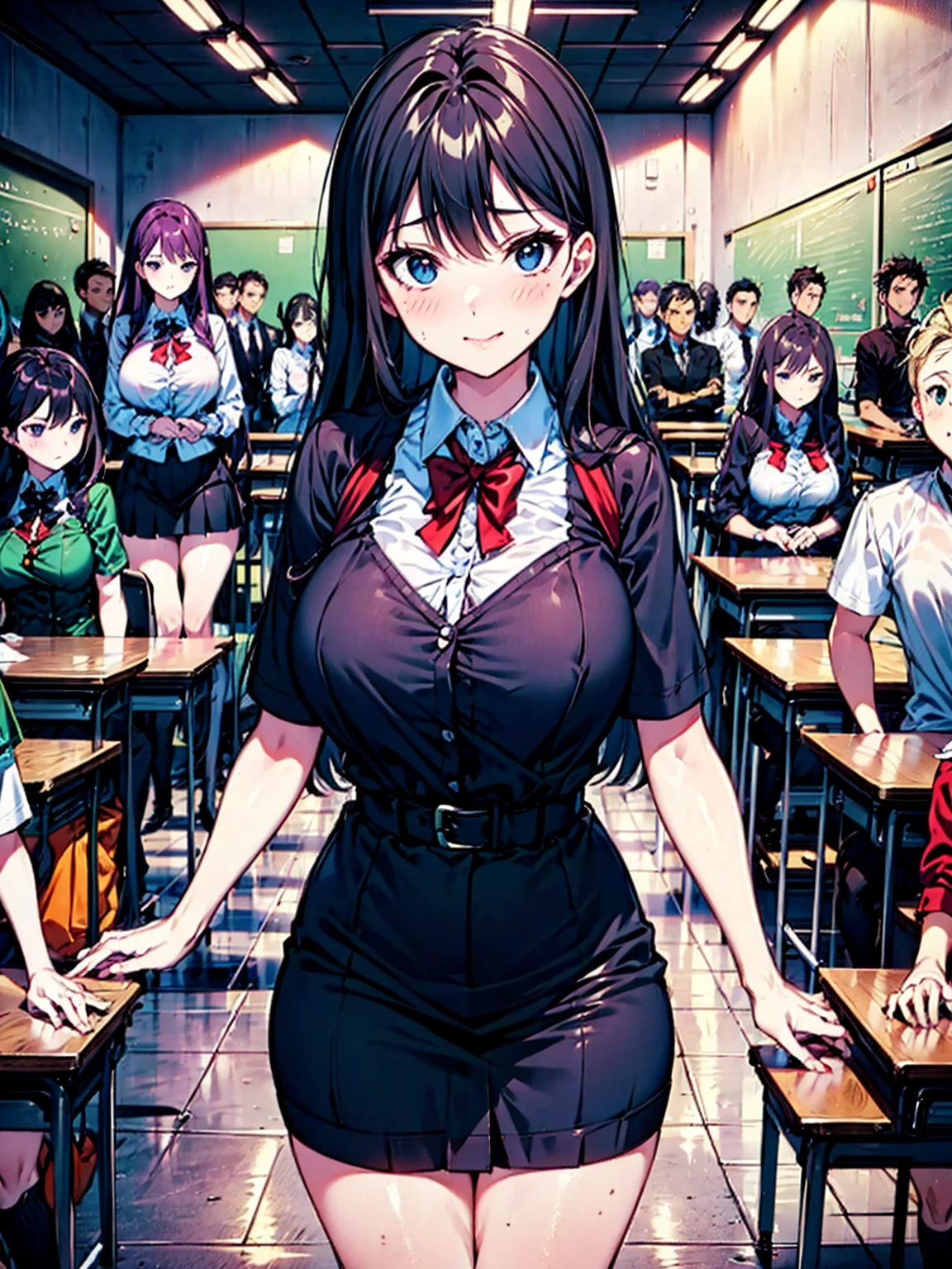 (masterpiece), best quality, expressive eyes, perfect face, perfect body, regular school uniform
scholl uniform, school uniform, school costume, in class, Purple hair, ponytail hair style, red eyes Perfect curve body, long hair, wavy hair, Blushing, leaning back, looking at viewer, Stocking, ear piercing Older woman aura, Glasses, Red lipstick, large breast