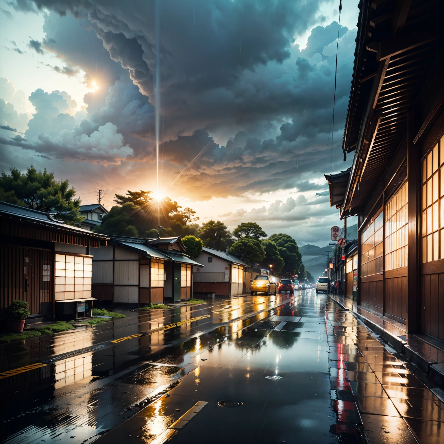 Japan, Modern Japanese street on a bridge, Modern Japan architecture, modern Japanese architecture, Japan convenience store, Signboard of the Japan shop, Japanese signs, flower pots, (No one: 1), No people, No one in sight, There are no cars, Don't be Bettiless, Rain, Raining, heavy Rainfall, Wet, puddles, dramatic Rain, dramatic Rain, heavy Rain, lots of Rain, Rain drops, Rain falling, Rain drops falling, gloomy weather, The sun rises from among the clouds, Storm