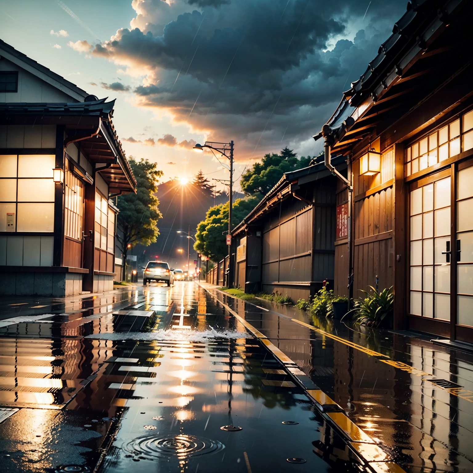 Japan, Modern Japanese street on a bridge, Modern Japan architecture, modern Japanese architecture, Japan convenience store, Signboard of the Japan shop, Japanese signs, flower pots, (No one: 1), No people, No one in sight, There are no cars, Don't be Bettiless, Rain, Raining, heavy Rainfall, Wet, puddles, dramatic Rain, dramatic Rain, heavy Rain, lots of Rain, Rain drops, Rain falling, Rain drops falling, gloomy weather, The sun rises from among the clouds, Storm