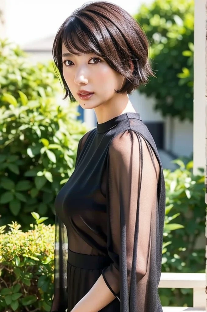 Short hair,Black hair,Brown eyes,Blurry,Lips,plant,Realistic,Shirt,mole under mouth,Brown hair,Sexy Pose,Best Quality,masutepiece,Illustration,extremely delicate and beautiful,nffsw,Unity,8K Wallpaper,amazing,finely detail,masutepiece,Official art,Extremely detailed nffsw Unity 8K Wallpaper,unbelievable Ridiculous,huge filesize,Ultra-detailed,hight resolution,Extremely detailed,Beautiful detailed girl,Realistic,full frontal,Outdoors,Light contrast,Blurry background,