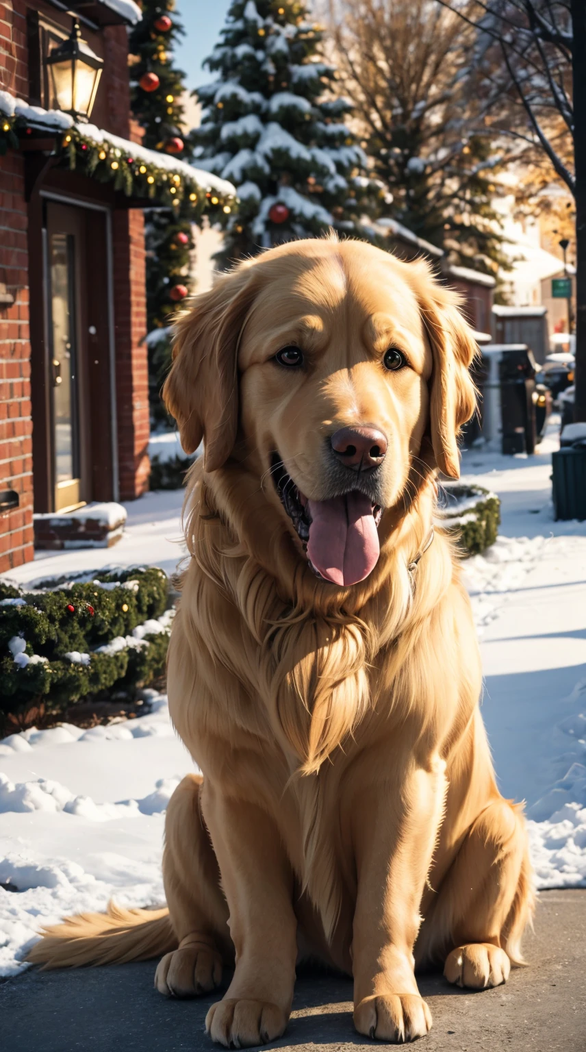 1dog,solo,(golden retriever),not human,animal photo, cute,realistic,in christmas town,best quality, masterpiece, ultra detailed