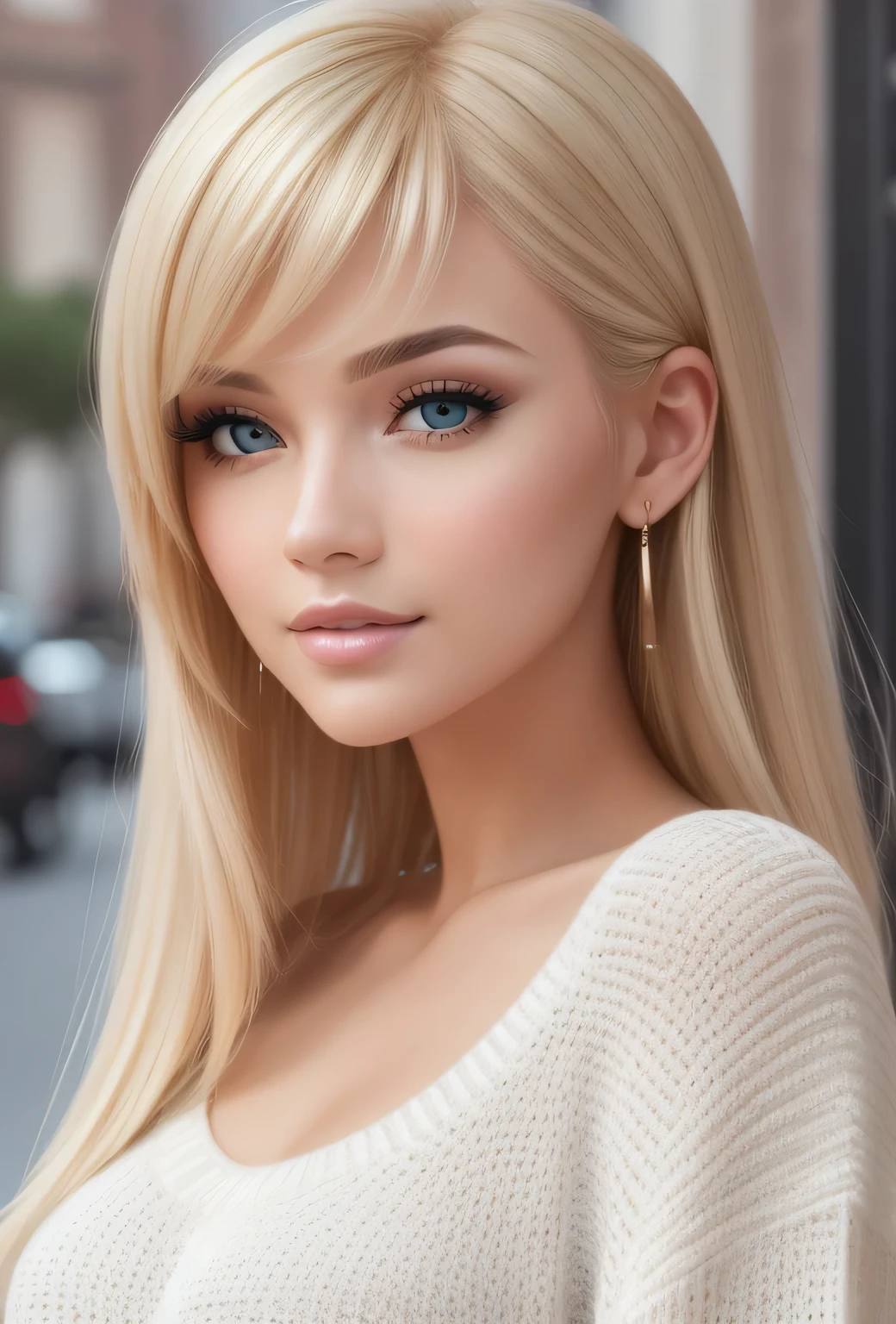 ((Best quality, 8k, Masterpiece, Sharp focus, 35mm lens, f/0.8, amazing beautiful perfect figure :1.4)), side lighting, ((natural medium  )), (white shoulder knit sweater:1.2), (street background:1.2), Highly detailed face and skin texture:1.2, Detailed black eyes:1.2, super detailed skin, shiny skin:1.2, Blushing , beautiful detailed makeup:1.2, high-fidelity bangs, brilliant light blonde long random hairstyle, from below, looking at viewer