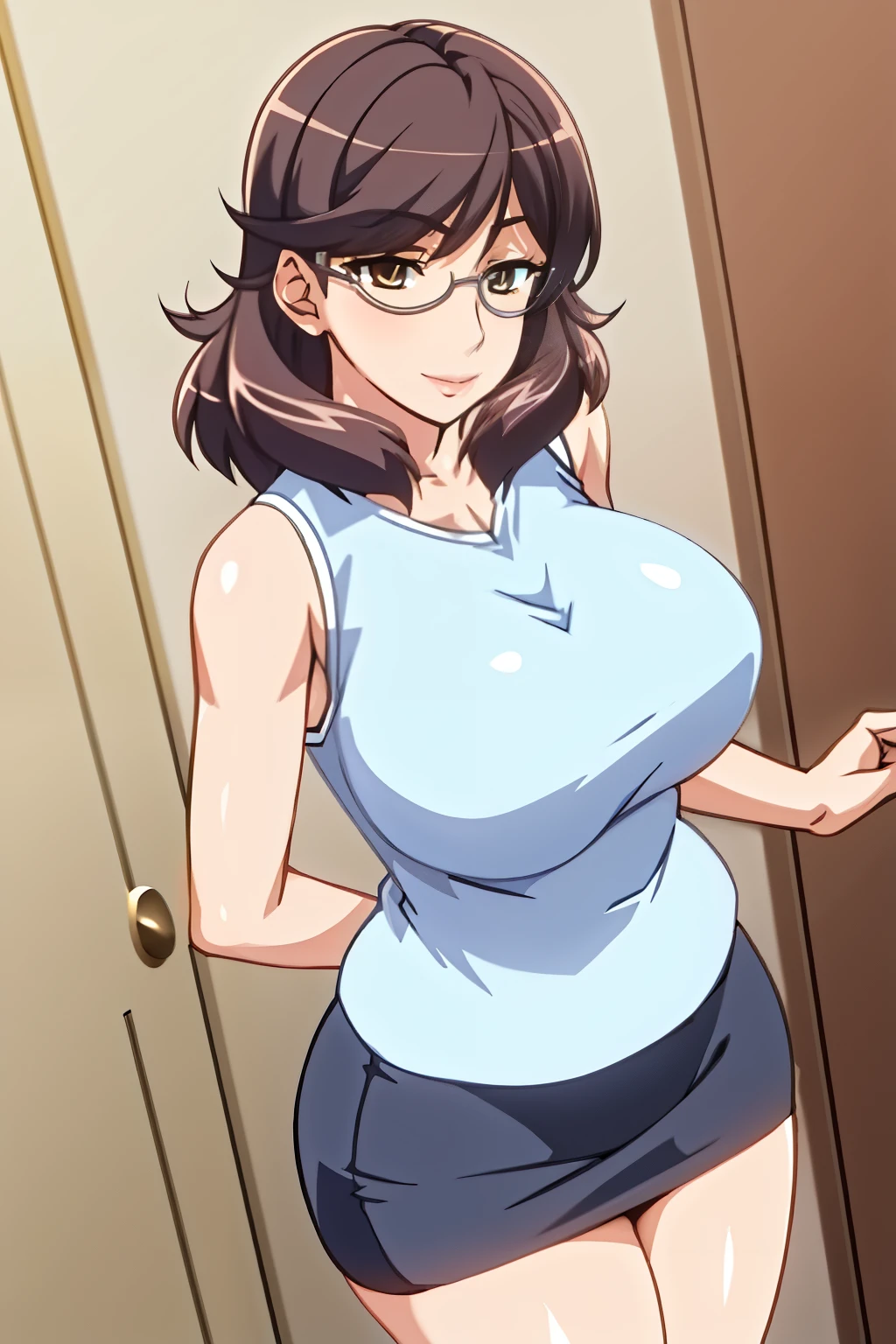 Anna-san,standing in the bedroom, navy skirt, light blue blouse sleevesless,