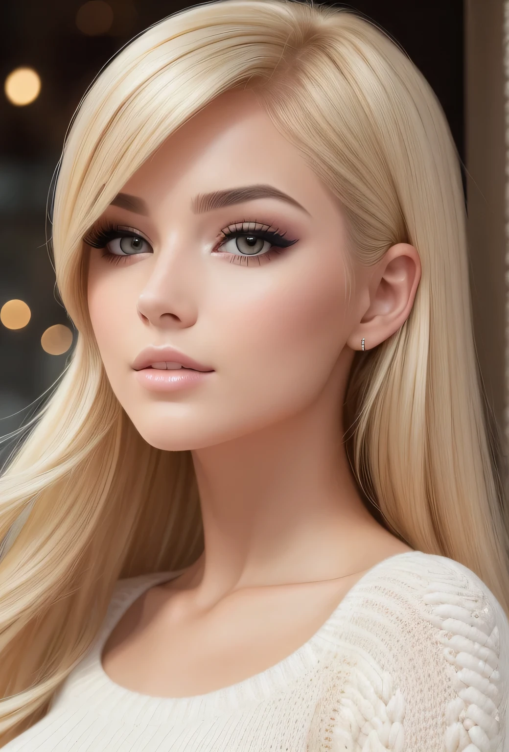 ((Best quality, 8k, Masterpiece, Sharp focus, 35mm lens, f/0.8, amazing beautiful perfect figure :1.4)), side lighting, ((natural medium breasts )), (white shoulder knit sweater:1.2), (street background:1.2), Highly detailed face and skin texture:1.2, Detailed black eyes:1.2, super detailed skin, shiny skin:1.2, Blushing , beautiful detailed makeup:1.2, high-fidelity bangs, brilliant light blonde long random hairstyle, from below, looking at viewer