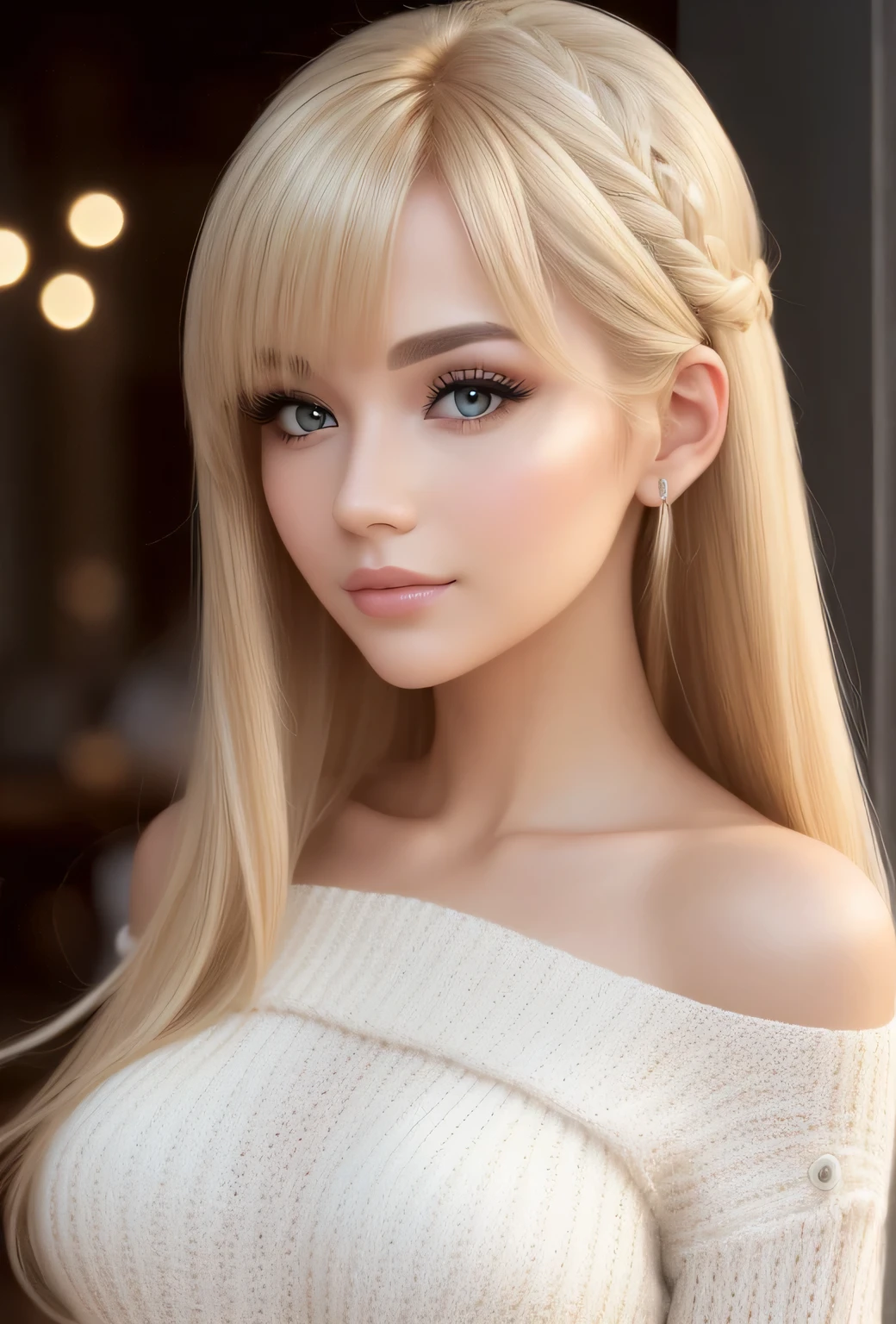 ((Best quality, 8k, Masterpiece, Sharp focus, 35mm lens, f/0.8, amazing beautiful perfect figure :1.4)), side lighting, ((natural medium  )), (white shoulder knit sweater:1.2), (street background:1.2), Highly detailed face and skin texture:1.2, Detailed black eyes:1.2, super detailed skin, shiny skin:1.2, Blushing , beautiful detailed makeup:1.2, high-fidelity bangs, brilliant light blonde long random hairstyle, from below, looking at viewer