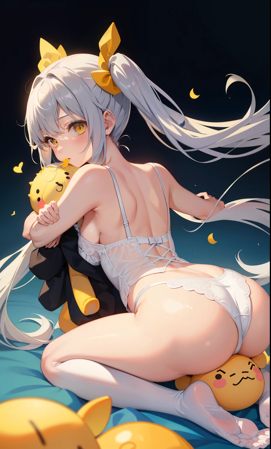 1girl in、As-、Cute underwear、Detailed Lace Lingerie、FULL BODYSHOT、(long silver twintails)、Hug a cute stuffed animal、backshots、from the rear、Drenched、(all-fours)、ideal small butt、Ergonomically suitable、(honey yellow lingerie)