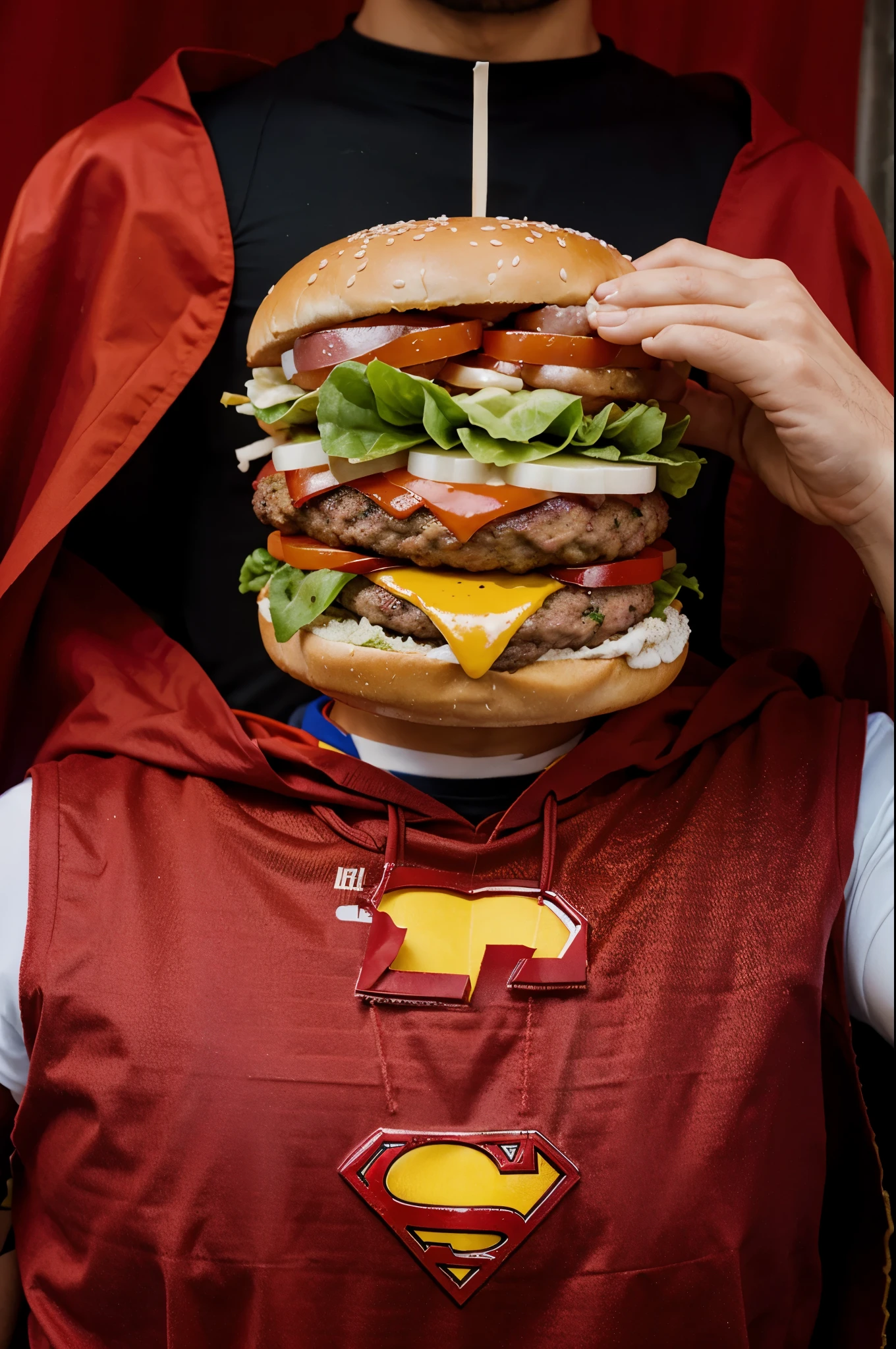 Burger with red Superman cape