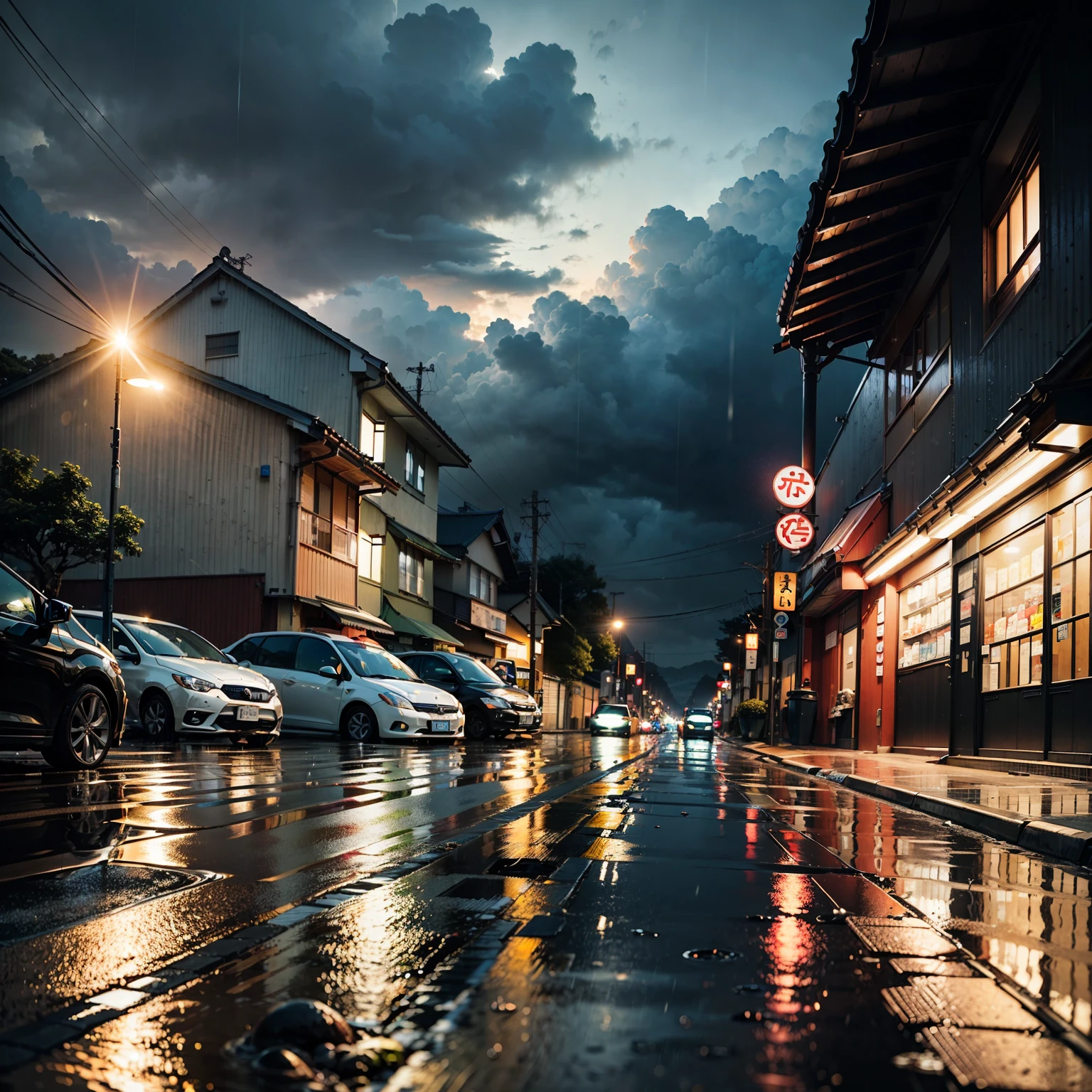 Japan, Modern Japanese street on a bridge, Modern Japan architecture, modern Japanese architecture, Japan convenience store, Signboard of the Japan shop, Japanese signs, flower pots, (No one: 1), No people, No one in sight, There are no cars, Don't be Bettiless, Rain, Raining, heavy Rainfall, Wet, puddles, dramatic Rain, dramatic Rain, heavy Rain, lots of Rain, Rain drops, Rain falling, Rain drops falling, gloomy weather, The sun rises from among the clouds, Storm