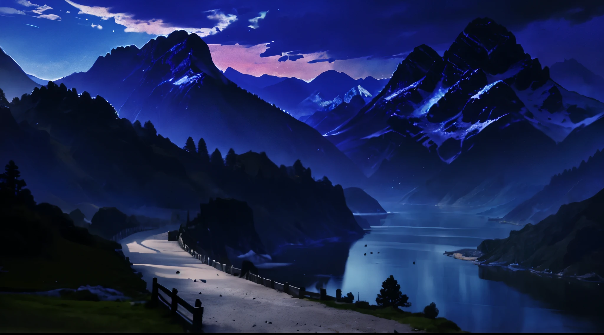 mountains and waters,There is a fence in the foreground, flat matte painting, matte painting landscape, luminescent matte painting, high quality matte painting, illustration matte painting, matte sharp painting, matte painting v ray, stunning matte painting, Delicate matte painting, 3d rendered matte painting, beautiful matte painting, 3D matte painting, 一幅beautiful matte painting