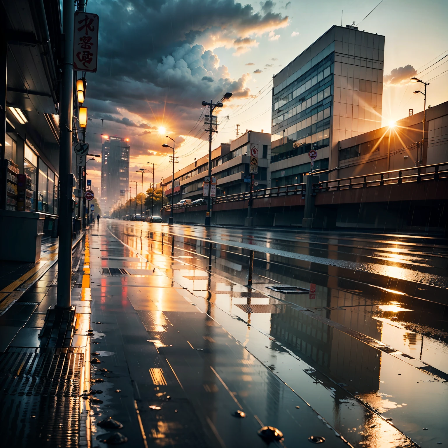 Japan, Modern Japanese street on a bridge, Modern Japan architecture, modern Japanese architecture, Japan convenience store, Signboard of the Japan shop, Japanese signs, flower pots, (No one: 1), No people, No one in sight, There are no cars, Don't be Bettiless, Rain, Raining, heavy Rainfall, Wet, puddles, dramatic Rain, dramatic Rain, heavy Rain, lots of Rain, Rain drops, Rain falling, Rain drops falling, gloomy weather, The sun rises from among the clouds, Storm