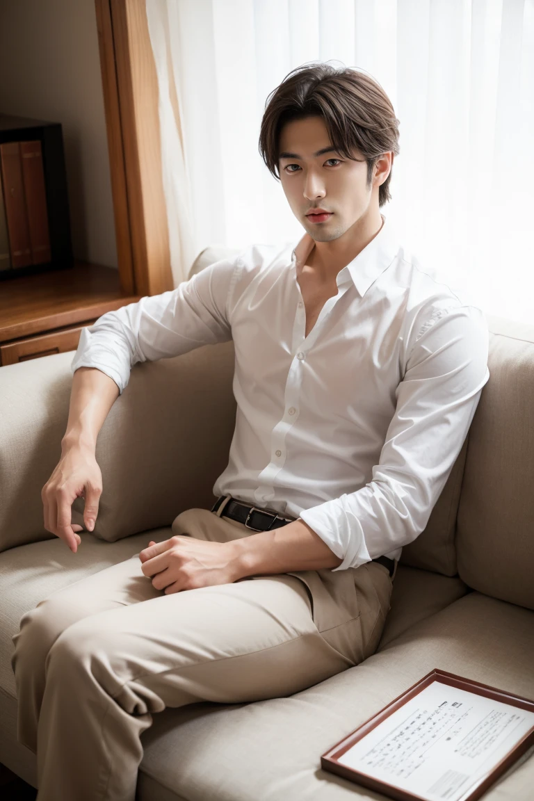 Japan handsome man,White shirt,Sitting on the sofa