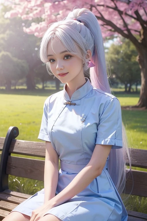 Best quality，tmasterpiece，Extremely Delicately Beautiful，The content is very detailed，CG，gatherings，8k wallpaper，An Astonishing，depth of fields，1 little Chinese girl，Cherry blossom forest，tree lined path，7-year-old Chinese child sitting on a bench，Very cute look，Innocent，delicate skin，Flawless Face，plain face，White hair，mid - length hair，high ponytails，There are two strands of white hair on both sides of the ears，Pink hairbands on both sides of hair，light blue  eyes，Elaborate Eyes，laughing very happily，Wear a school uniform，white short sleeve，dark blue short dress