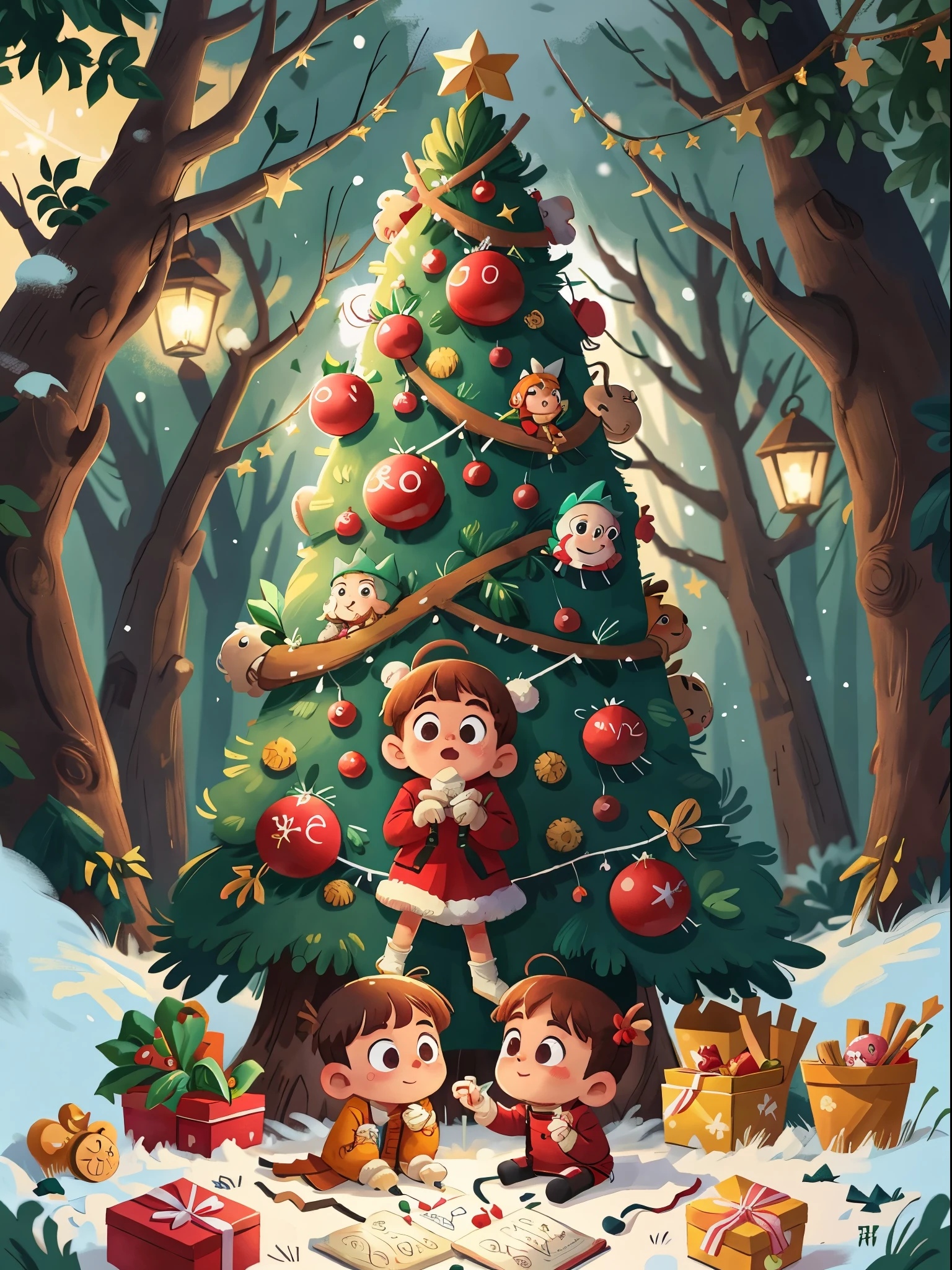 Winters,Christmas illustration,Two children decorating Christmas tree,genius shooting shooting,8K