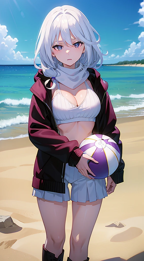 masterpiece, best quality, 1 solo girl, white hair, purple eyes, short hair, medium breasts, mature body and face, wavy hair, white bikini, scarf, beach, white sand, beach ball, summer, leg up, cowboy shots, detailed body, face, and eyes, sharp focus, vibrant, creative, dynamic, high definition, high resolution, 8k, (Upscale: R-ESRGAN 4x+ Anime6mage enchance:4x), voluptuous body