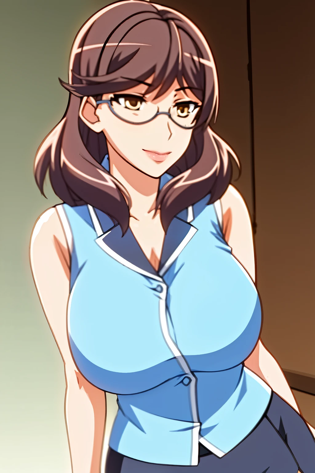 Anna-san,standing in the bedroom, navy skirt, light blue blouse sleevesless,