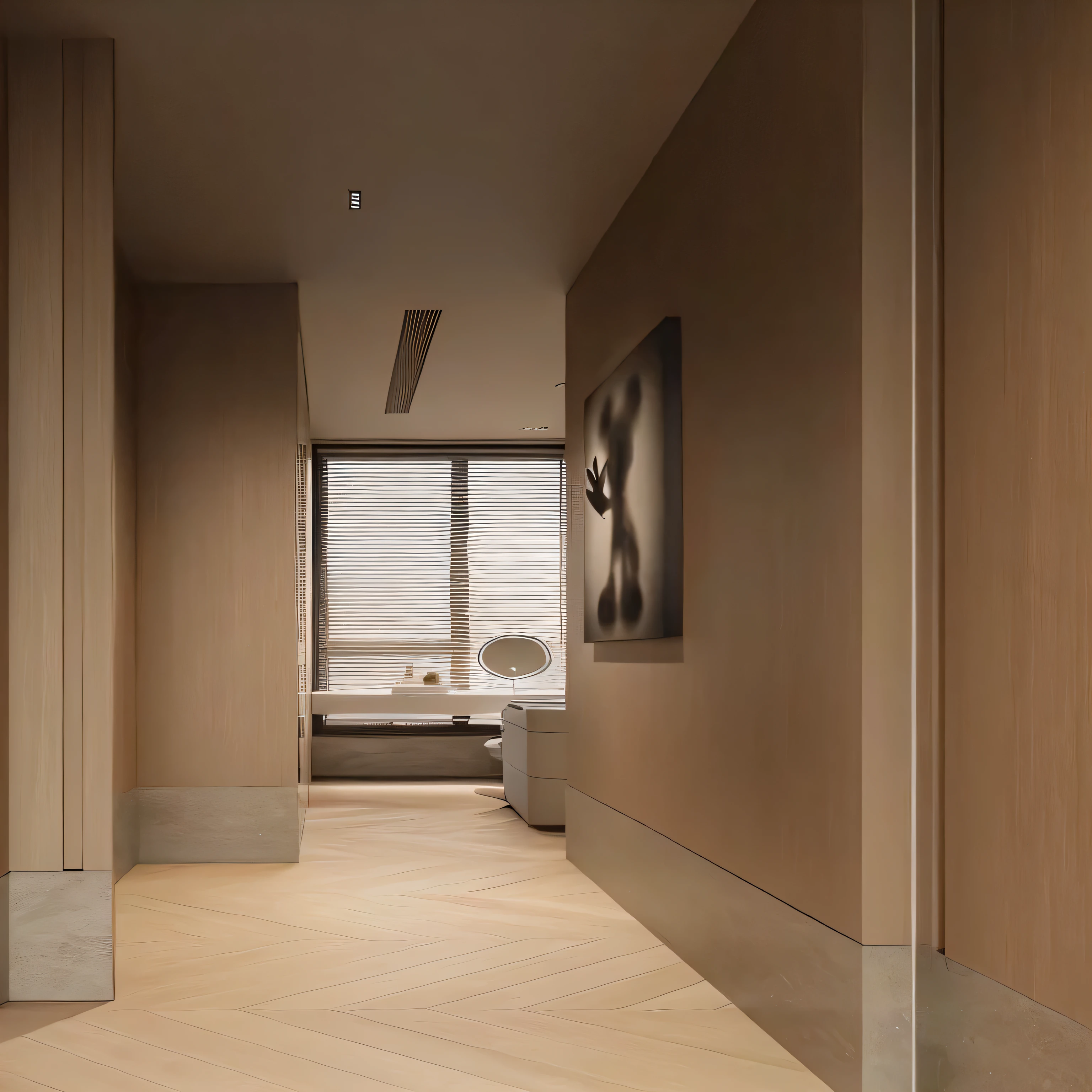Hallway with dressing table and windows, high quality rendering, vray 8k rendering, 8k vray rendering, Sand-colored walls, natural realistic render, Clearly defined、smooth private parts、white wall, smooth private parts的镶板, super realistic rendervray, realistic physical rendering, rendervray, inspired by David Chipperfield, detailed archviz render