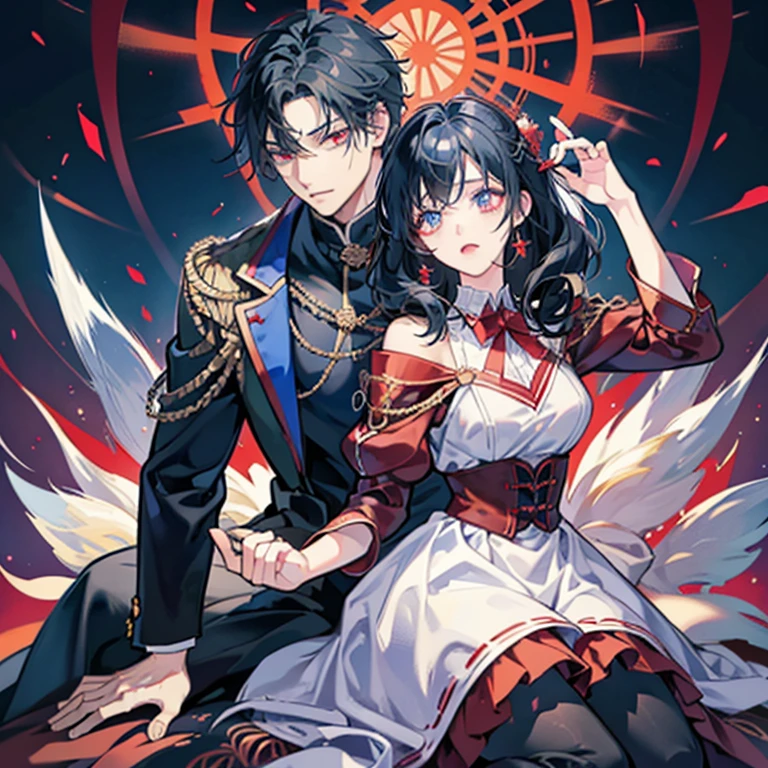 black-haired man and woman hugging each other,red eyed anime guy,Glowing red eyes, adorable anime poses, Blue-eyed anime girl,Glowing blue eyes,a couple,lovey-dovey, ball,doress,tailcoat