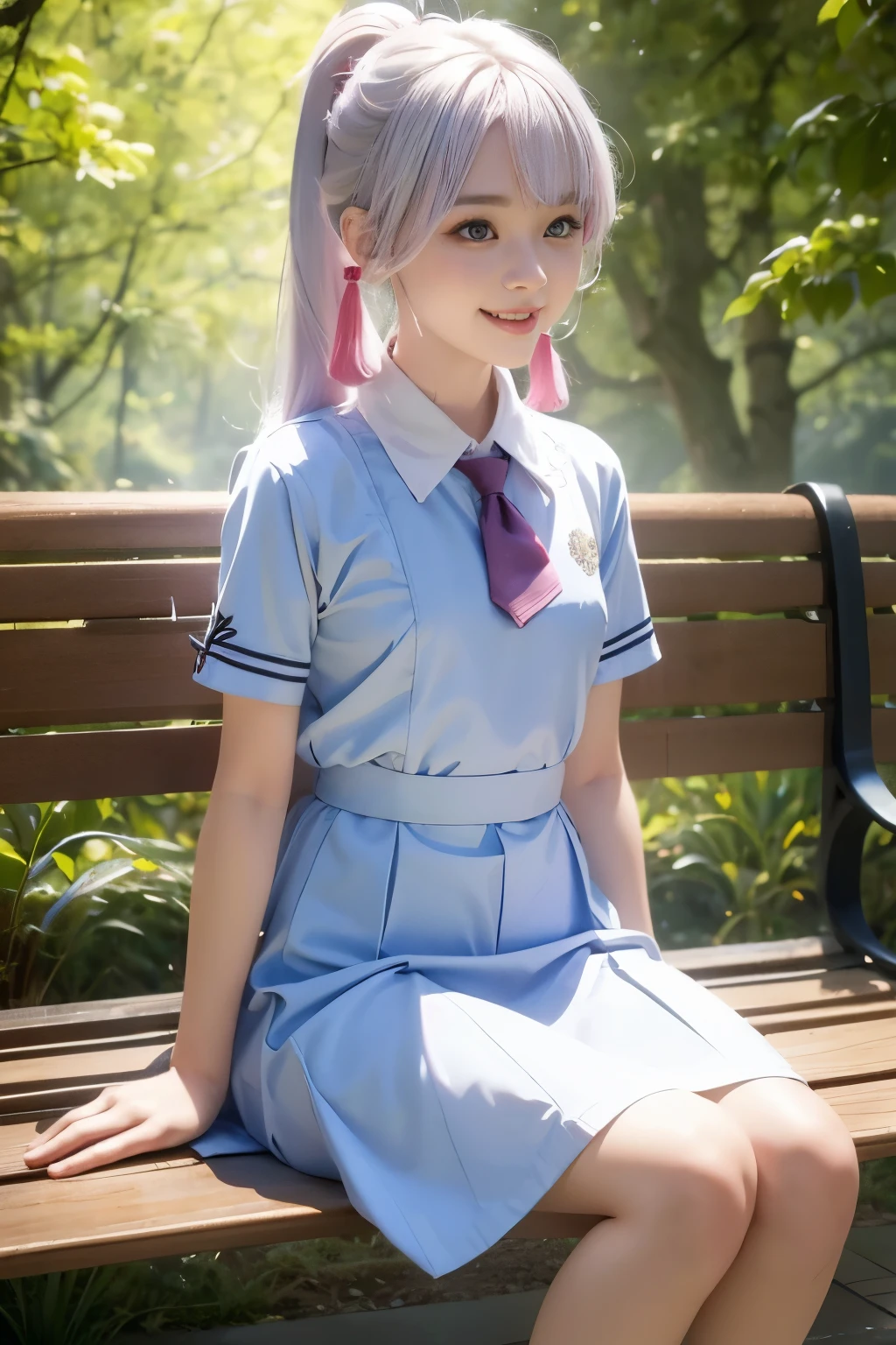 Best quality at best,tmasterpiece,Extremely Delicately Beautiful,The content is very detailed,CG,gatherings,8k wallpaper,An Astonishing,depth of fields,1 Chinese girl,cherry blossom forest,tree lined path,7 year ose child sitting e bench,Very cute look,Innocent,delicate skin,Flawless Face,plain face,White hair,mid - length hair,high ponytails,There are two strands of white hair on both sides of the ears,Wearing pink hair accessorielue colored eyes,Elaborate Eyes,laughing very happily,Wear a school uniform,white short sleeve,dark blue short dress