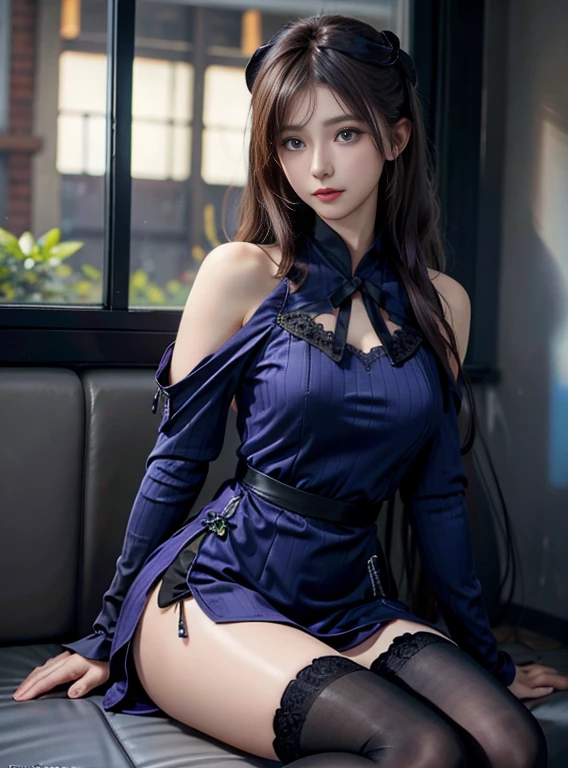 (masterpiece, best quality), beautiful girl, sitting down, point of view, keqing (opulent splendor) (genshin impact), keqing (genshin impact), official alternate costume, dress, cone hair bun, night, strapless dress, looking at viewer, long hair, cleavage, black dress, hair bun, strapless, bare shoulders, purple hair, bangs, bow, detached collar, purple eyes, diamond-shaped pupils, ribbon, double bun, twintails, two-tone dress, medium breasts, hair ornament, black bow, hair ribbon, blue dress, bowtie, hair between eyes,