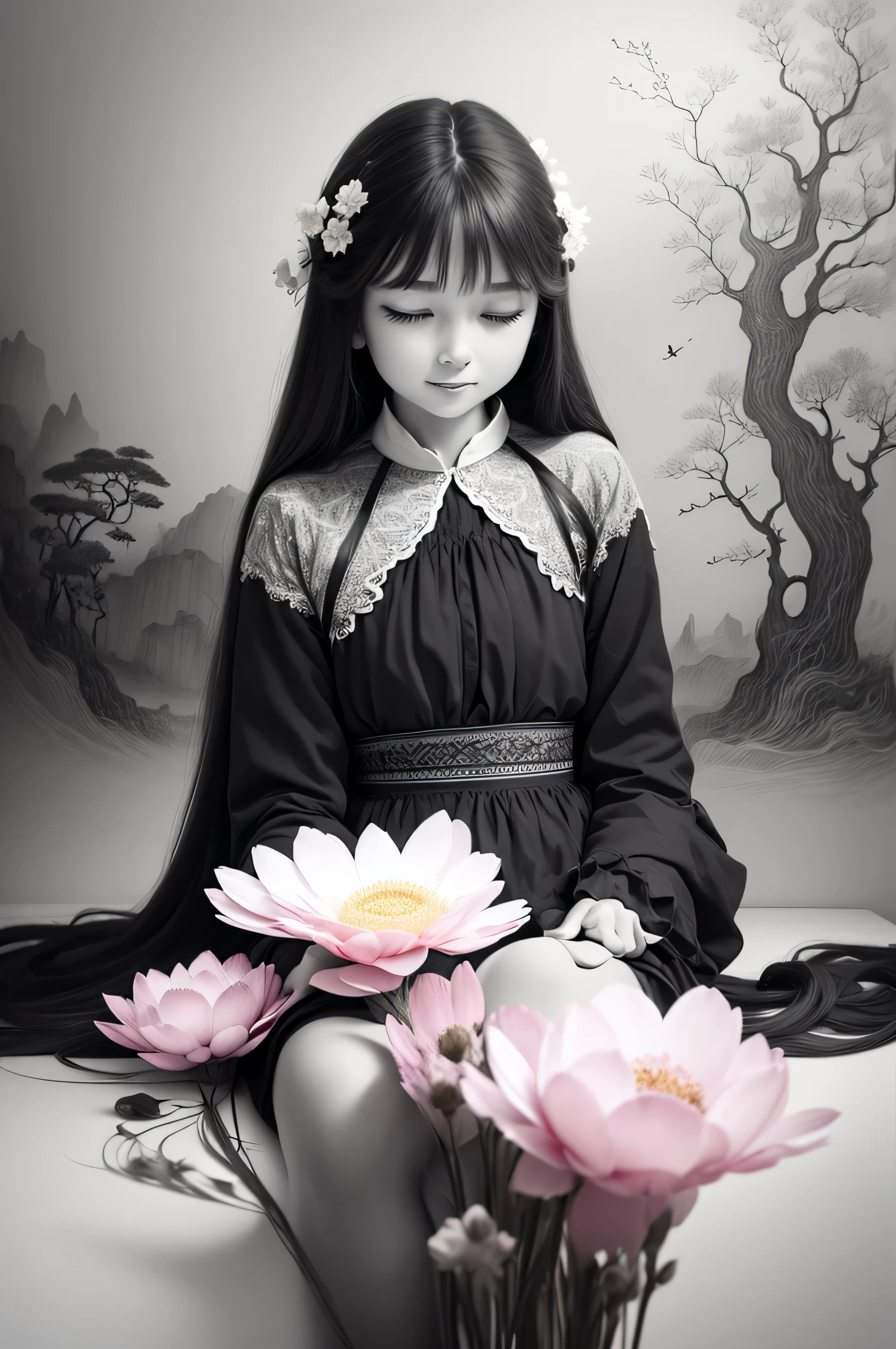 meilleur qualité, ultra-détaillée, Une fille (Ligne de crayon) en noir et blanc ajoute de la couleur avec un crayon fleur (couleurs éclatantes, Pastels moelleux): Art linéaire, croquis au crayon, style hachuré, Style de livre de coloriage. Scène animée, Composition créative, Ambiance onirique, Arrière-plan impressionniste, ombrage subtil, Détails fins, Pinceau artistique, Caractéristiques expressives, Éléments ludiques, Poses dynamiques, Émotions positives, Monde fantastique, Créatures magiques, fleurs colorées, Personnages fantaisistes, Illustration de livre d’histoires, Ambiance joyeuse, Souvenirs d’enfance, Moments heureux, imagination sans fin, aventure créative, lignes et courbes délicates, coloriages stimulants,activité relaxante, des combinaisons de couleurs surprenantes, vie vibrante, agréable à l’œil, de délicieuses surprises, fait ressortir l&#39;artiste qui sommeille en vous, coloriage magique, plaisir et excitation, satisfaction et épanouissement, bonheur et épanouissement, libérez votre créativité, colore ton monde