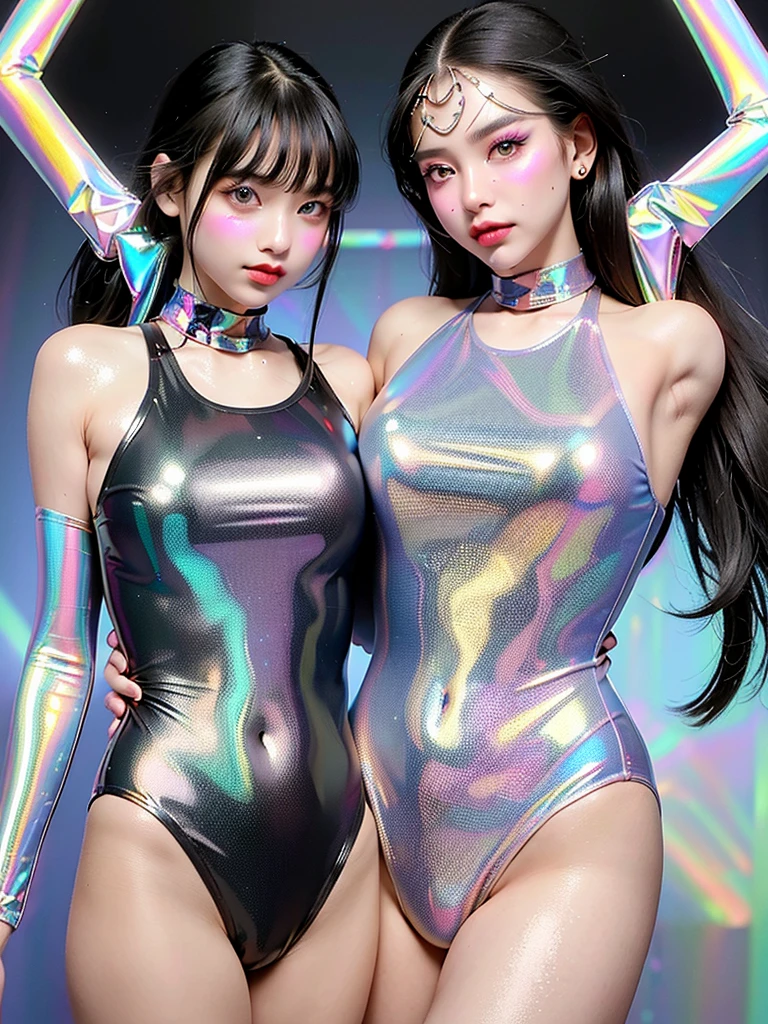 RAW, 1girl, colorful, (masterpiece, best quality), cowboy shot,
(detailed skin:1.3, detailed face:1.3), dslr, realistic, waving, looking at viewer,
sharp focus, delicate, (korean beauty, korean mixed:1.2),
(Glossy skin + Shiny skin:1.4), (sweaty:1.1),
(big breasts:1.2, thick thighs:1.1, narrow :1.1),
(black_hair, long hair, straight hair:1.3), (big_eyes, brown_eyes), red_eyeshadow, long_eyelashes, red lips,
eyes_smile, stud earrings,
(holographic iridescent metallic black latex swimsuit:1.4),
beach, day, (sunlight_on_front_face:1.3),