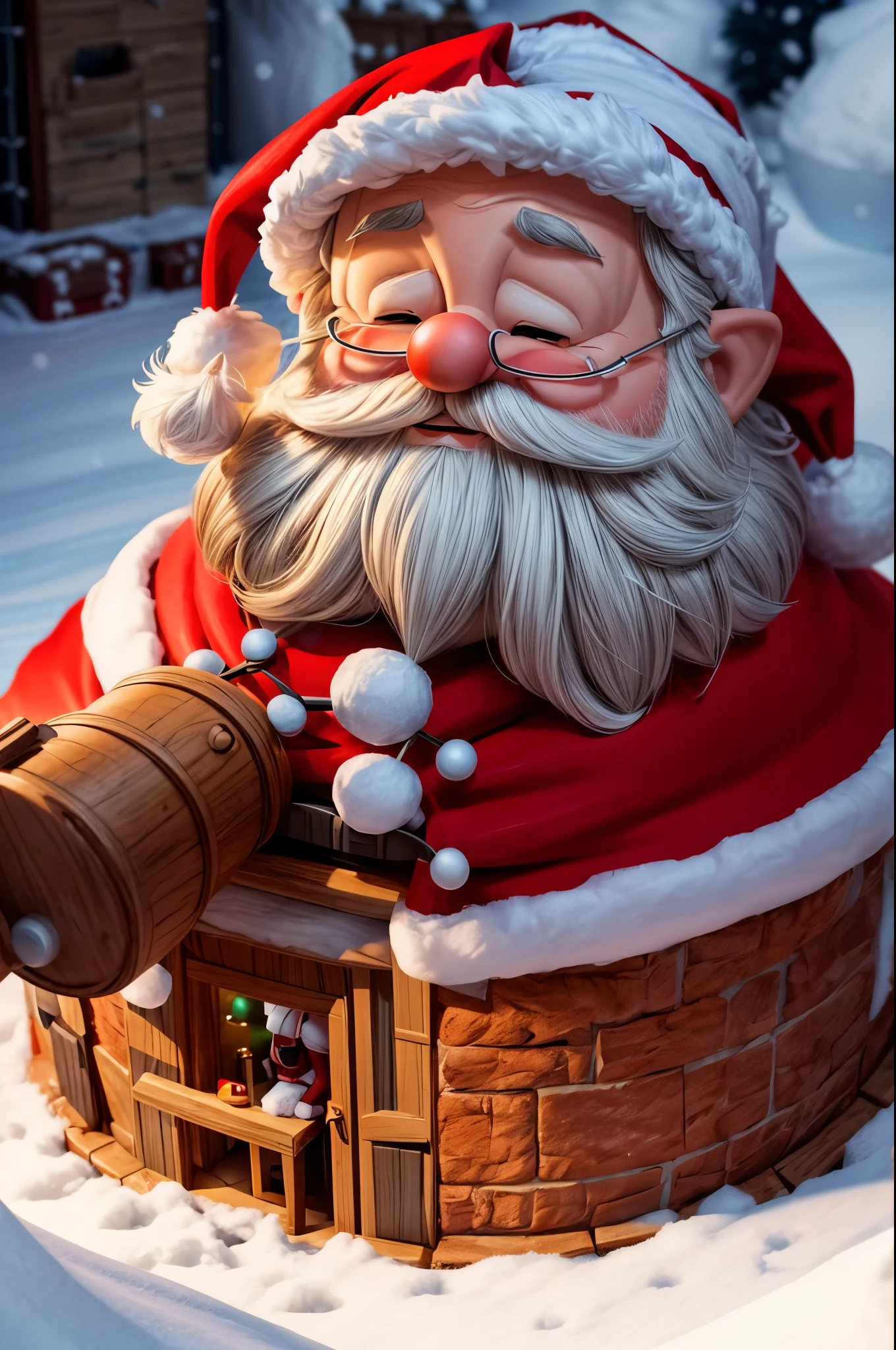 Generate a cute cartoon-style image depicting Santa in his workshop at the Antarctic secret factory, crafting toys for children. Envision adorable little elf-like workers donning Santa's attire, assisting in the toy-making process. Picture the scene with snowy surroundings, cozy workshop interiors, and a whimsical touch. Capture the festive spirit and the heartwarming collaboration between Santa and his miniature helpers. Utilize a warm and inviting color palette to enhance the coziness of the scene. The end result will be an endearing and festive cartoon illustration of Santa and his merry little team crafting gifts for children.
